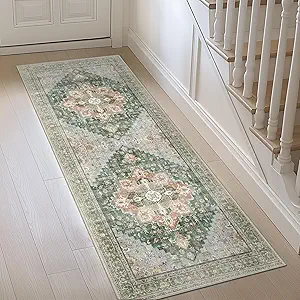 GENIMO 2x10 Runner Rugs for Hallway, Machine Washable Non Slip Vintage Rugs, Low Pile Lightweight Soft Print Rug for enrtyway, Corridor, Home Office, Kitchen,Sage Green