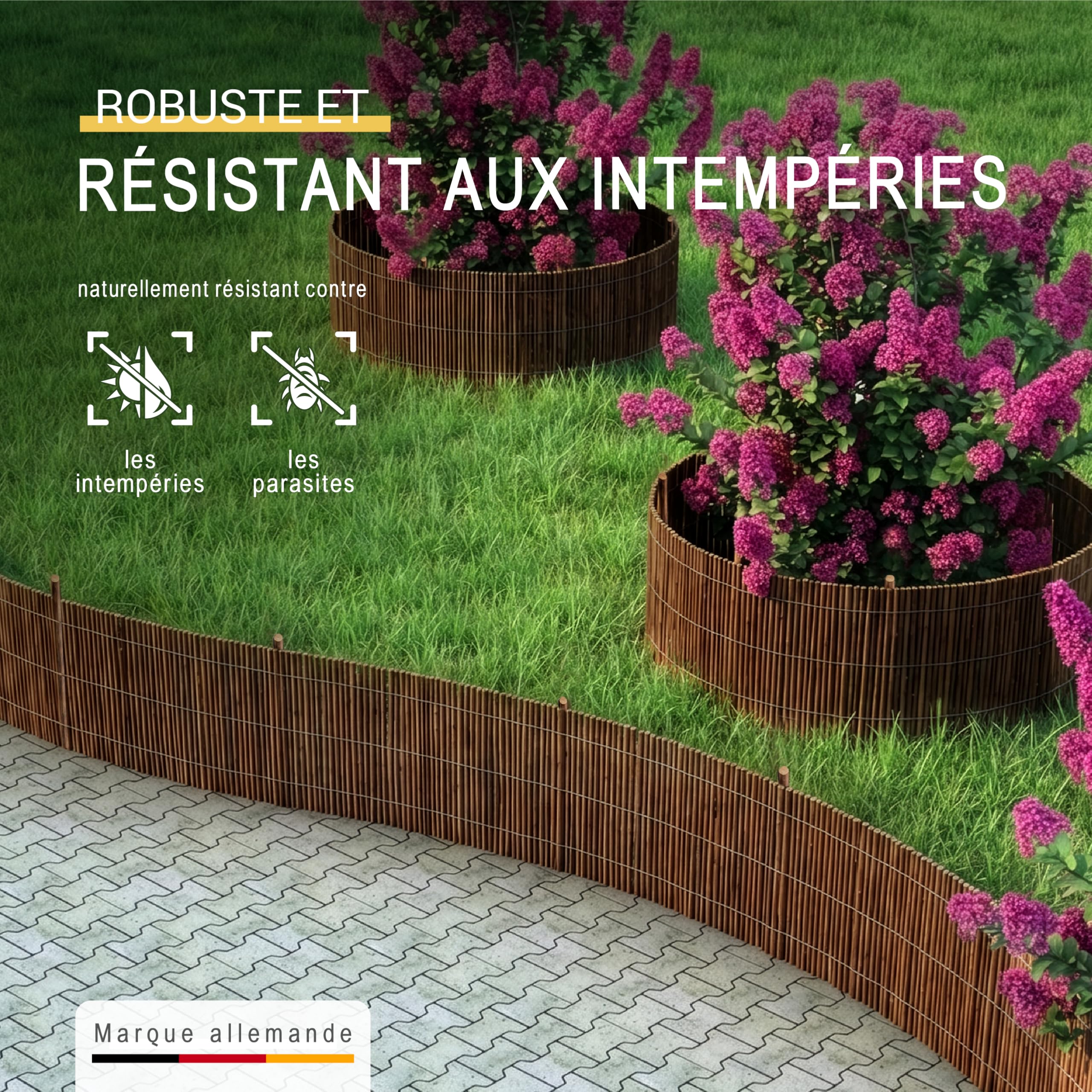 Sol Royal Bordure Jardin Exterieur 30x300 cm – Palissade Cloture Bordure Jardin Exterieur Bois Flexible avec 7 Piquets & 14 Serre-câbles – WB79