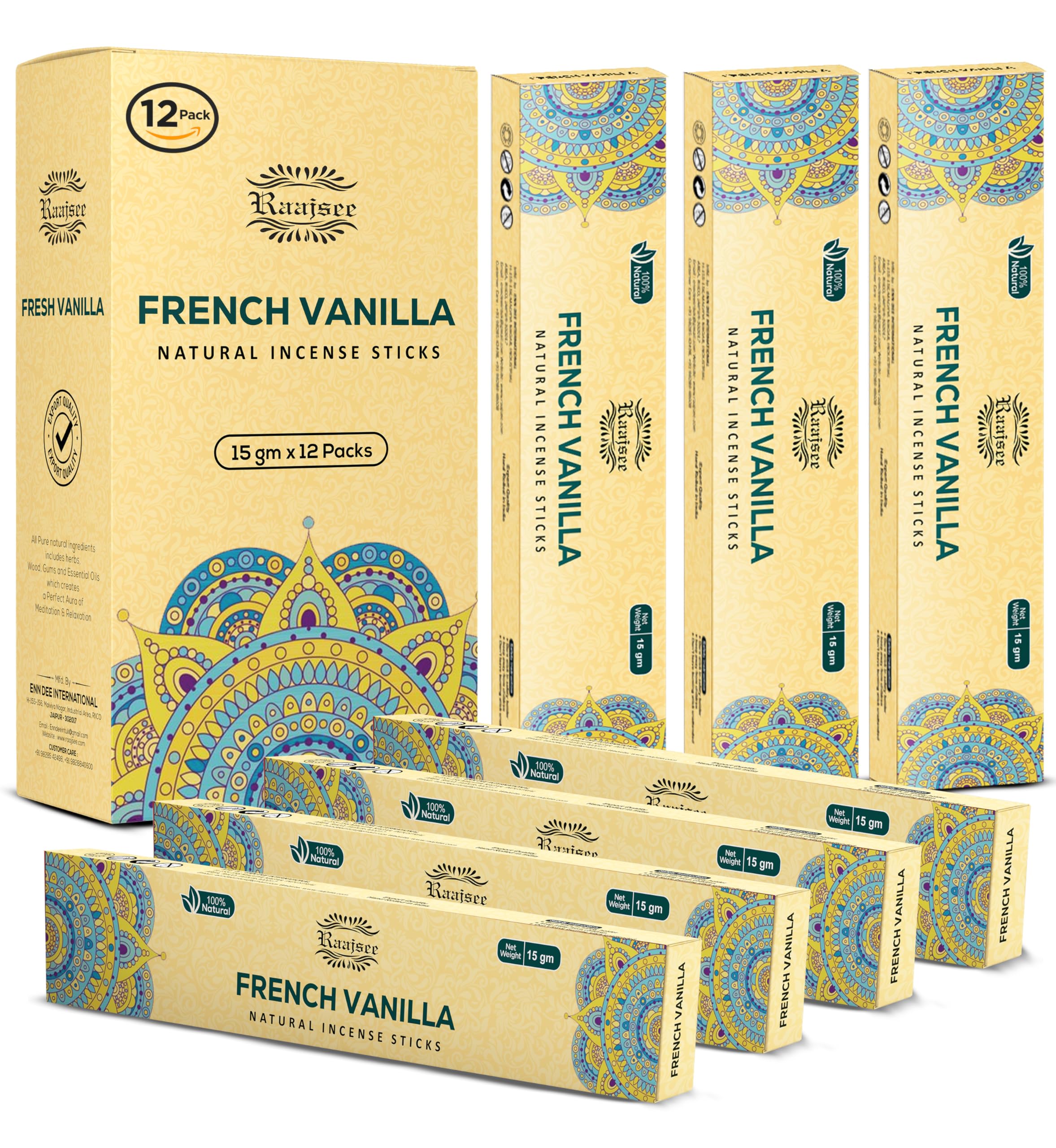 Raajsee French Vanilla Incense Sticks (180 gm), 100% Pure Organic Natural Hand Rolled Free from Chemicals - Perfect for Aromatherapy, Cleansing, Meditation, and Church (Pack of 12)