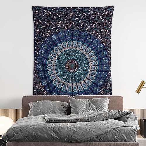 Miniatura 2 de Tapiz hippie indio bohemio psicodélico dorado azul pavo real mandala colgante en la pared (azul verde, mediano (54 x 60 pulgadas) (53.9 x 59.8in)
