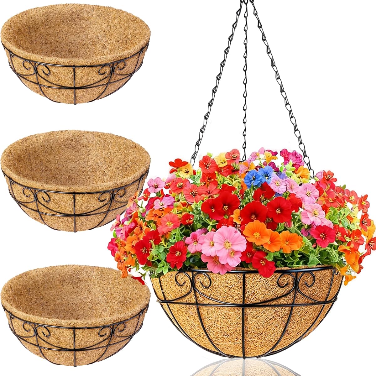 3 Pack 13.5 Inch Hanging Baskets for Plants Outdoor - Metal Hanging Planters for Outdoor Plants with Coco Liners - Heavy Duty Empty Hanging Flower Pots for Porch Patio Garden