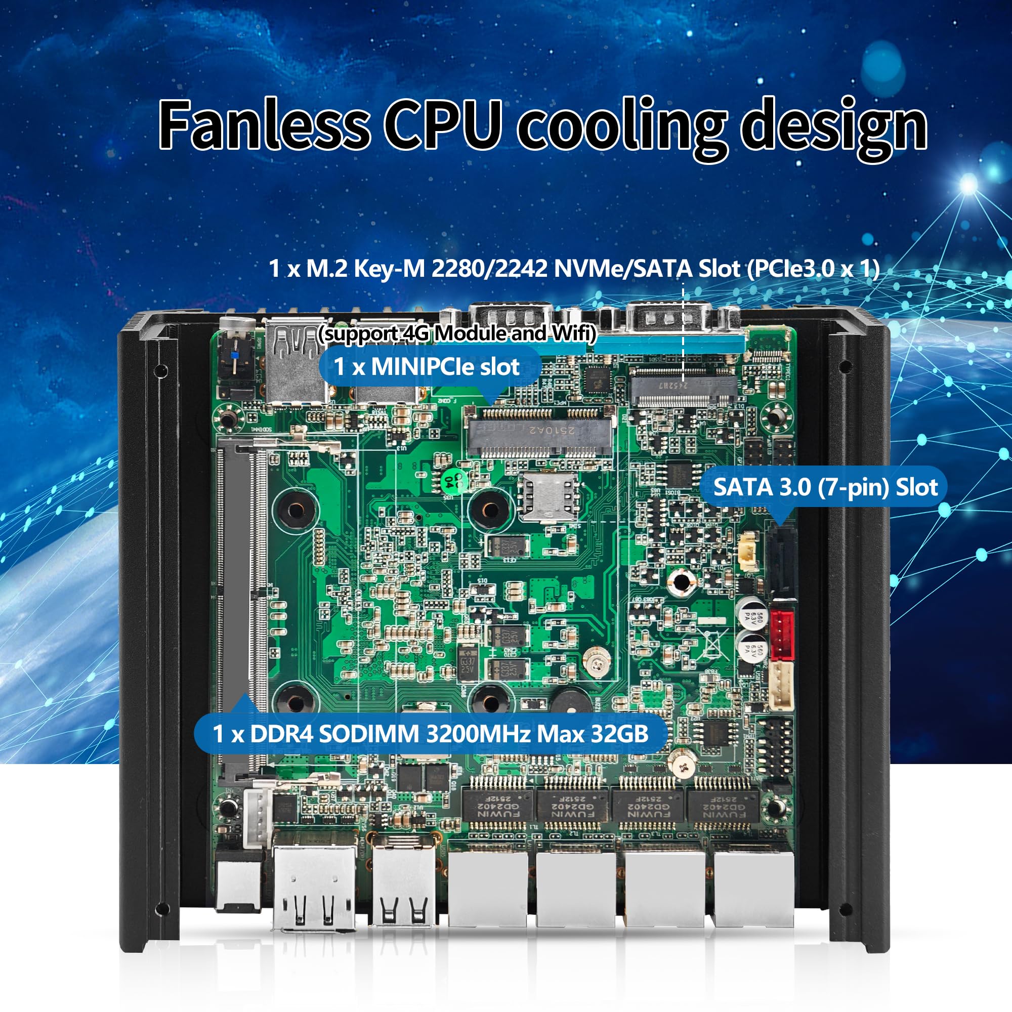 Fanless Mini PC N150 Firewall Appliance, 4 x i226-V 2.5GbE LAN, 2 x DB9 RS232 COM Industrial Mini Computer, OPNsense router Micro PC Barebone NO RAM/SSD/OS, HD+DP, 6 x USB
