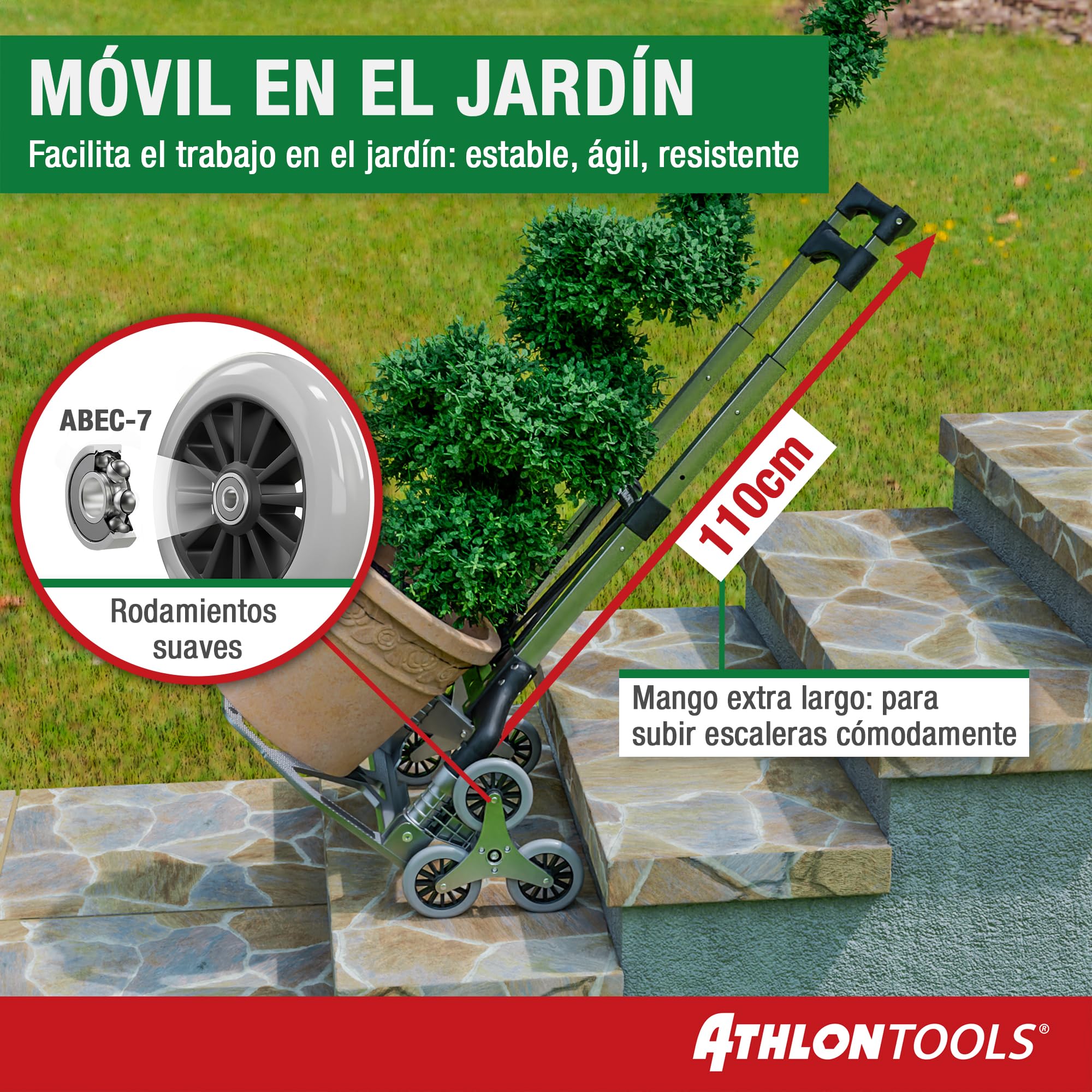 ATHLON TOOLS Carretilla Plegable de Aluminio, TÜV GS-Certificado, Mango 110 cm, Almohadillas Antideslizantes, Modelo 2025