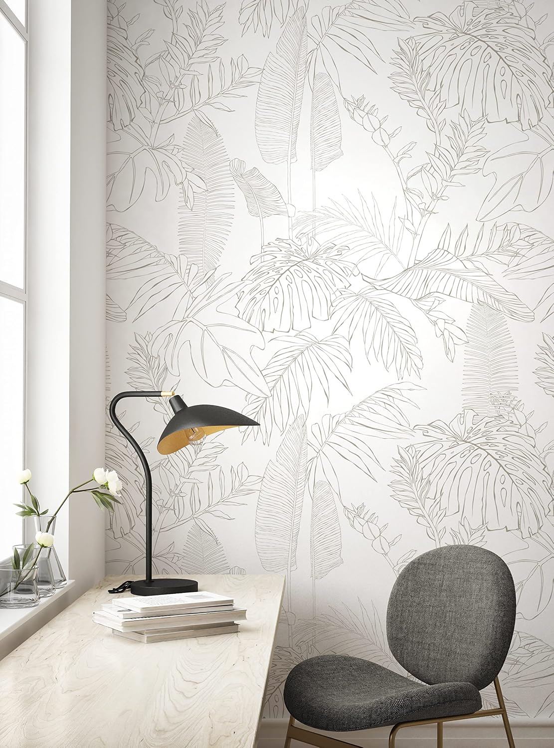 Simple Shapes Hand Drawn Jungle Leaves Peel and Stick Mural (5 Sheet (2x9 Feet), Grey)