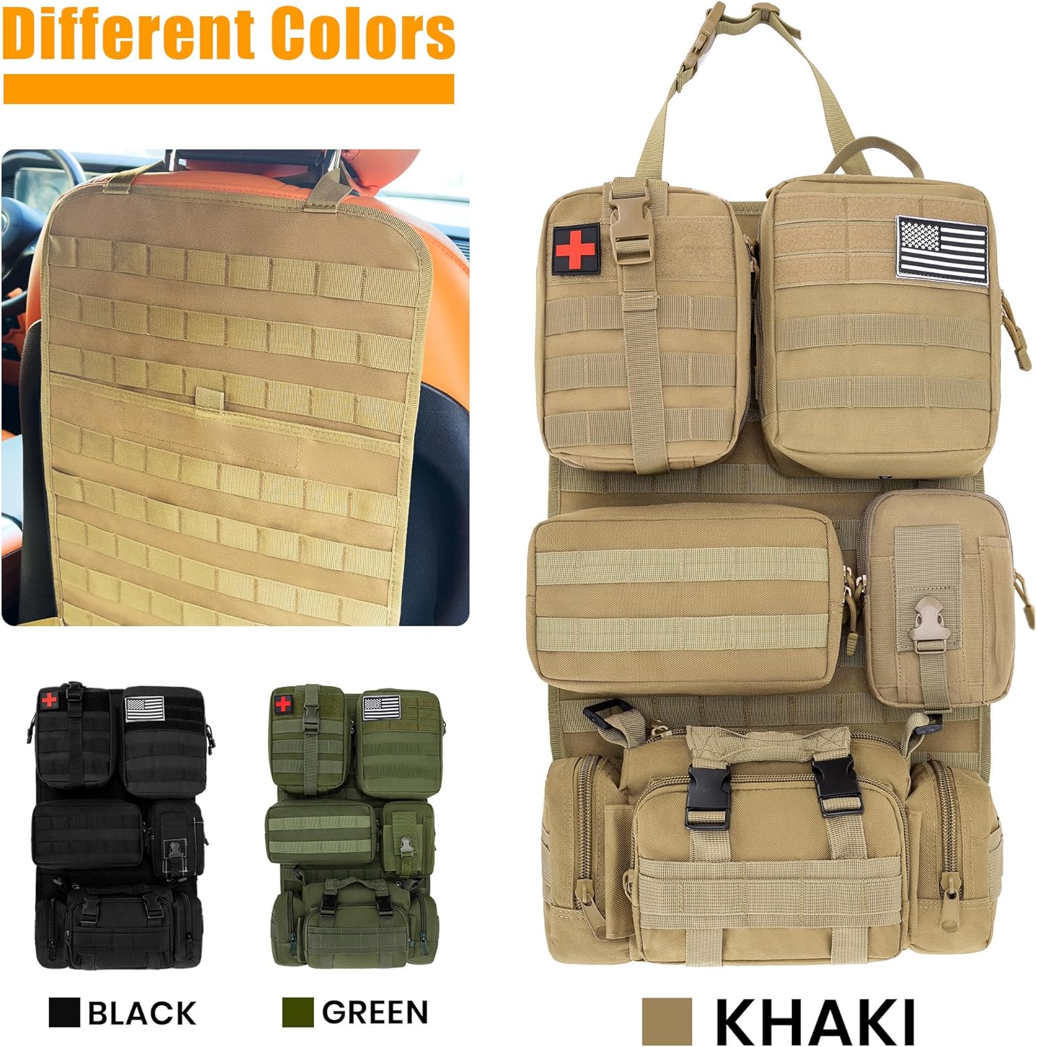 6 Pack Tactical MOLLE Car Seat Back Organizer - Universal Vehicle Storage Bag with 5 Detachable MOLLE Pouches, US Flag Patch, Fits Jeep, Truck, SUV, Car, Ford, Chevy, Toyota, Honda (KHAKI)