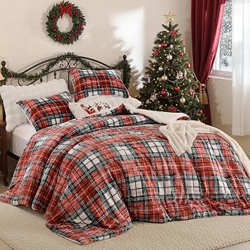 JANZAA Christmas Queen Comforter Set, Flannel Comforter with Red Plaid, Soft Cozy Fleece Bedding Set 3 Pieces Fluffy Comforter Set 1 Queen Comforter90"*90" and 2 Pillowcases 20"*26"