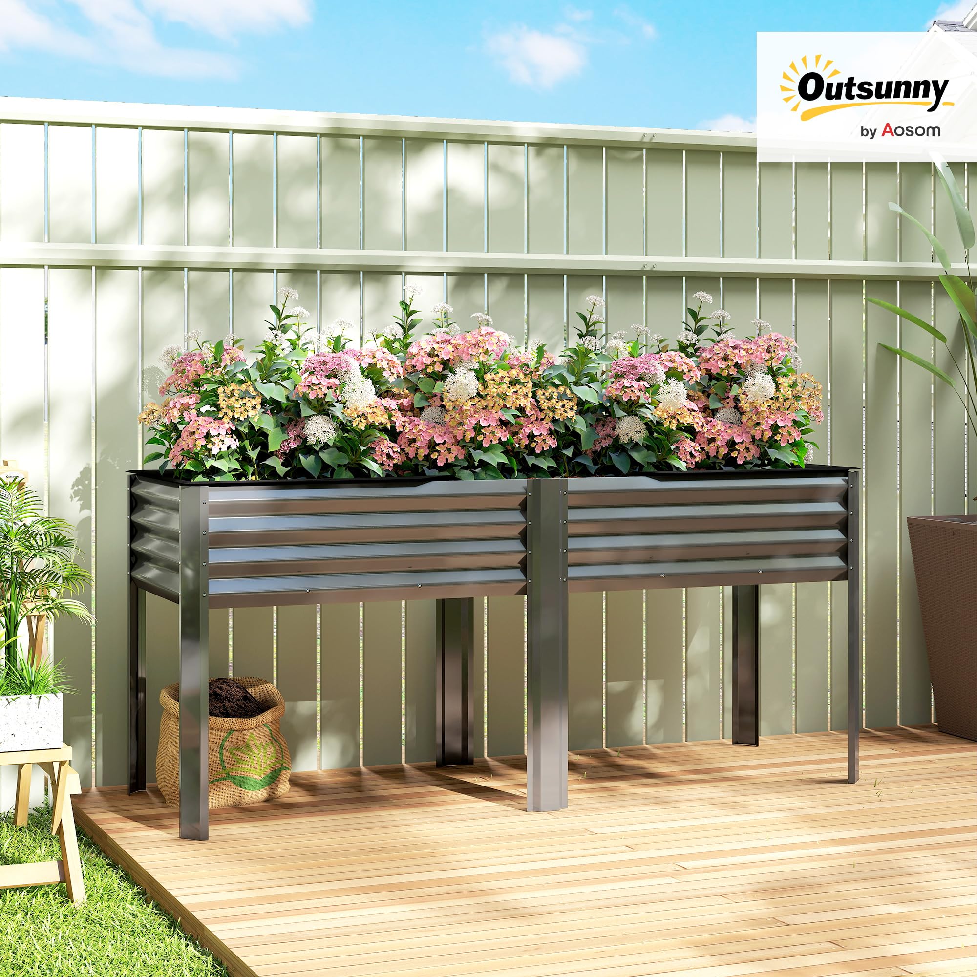 Outsunny Potager sur Pieds en Métal Jardinière 180 x 55 x 80 cm Gris Foncé