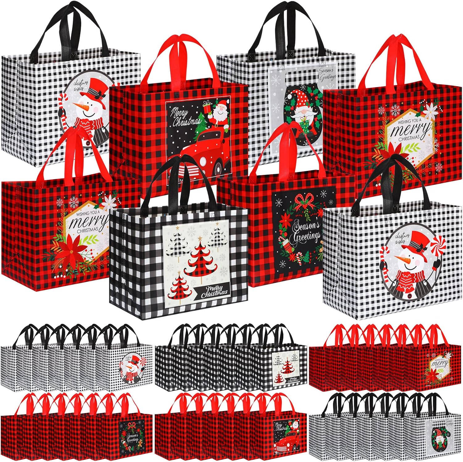 Sanwuta Christmas Bags Bulk for Gifts 12.8 x 9.8 x 6.7 in Large Plaid Tote Treat Grocery Reusable Non Woven with Handles(48 Pcs)
