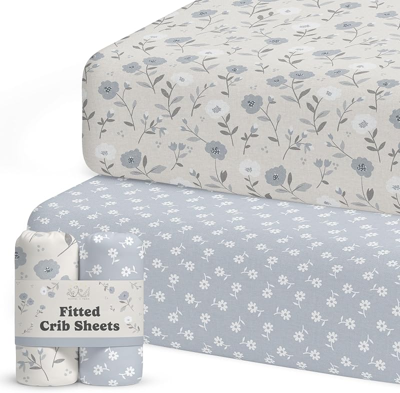 Sábanas de cuna para niños y niñas – Paquete de 2 sábanas ajustables para cuna de bebé neutras para colchón de cama estándar y infantil – Mezcla de algodón orgánico suave y mantecoso (Linnea Blue Floral)