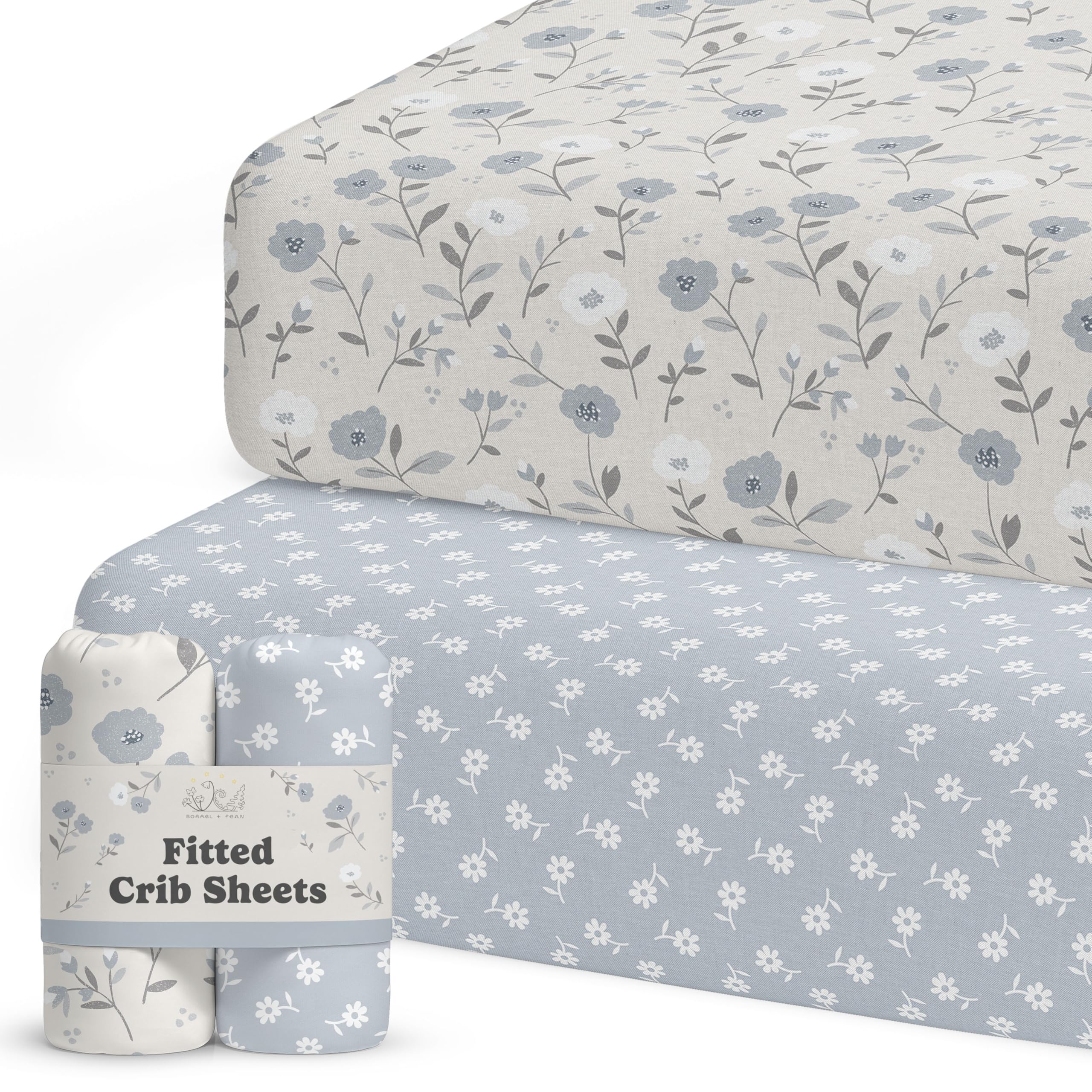 Crib Sheets for Boys & Girls – 2 Pack Fitted Baby Crib Sheets Neutral for Standard & Toddler Bed Mattress – Buttery Soft Organic Cotton Blend (Linnea Blue Floral) Linnea Blue Floral Crib Sheets