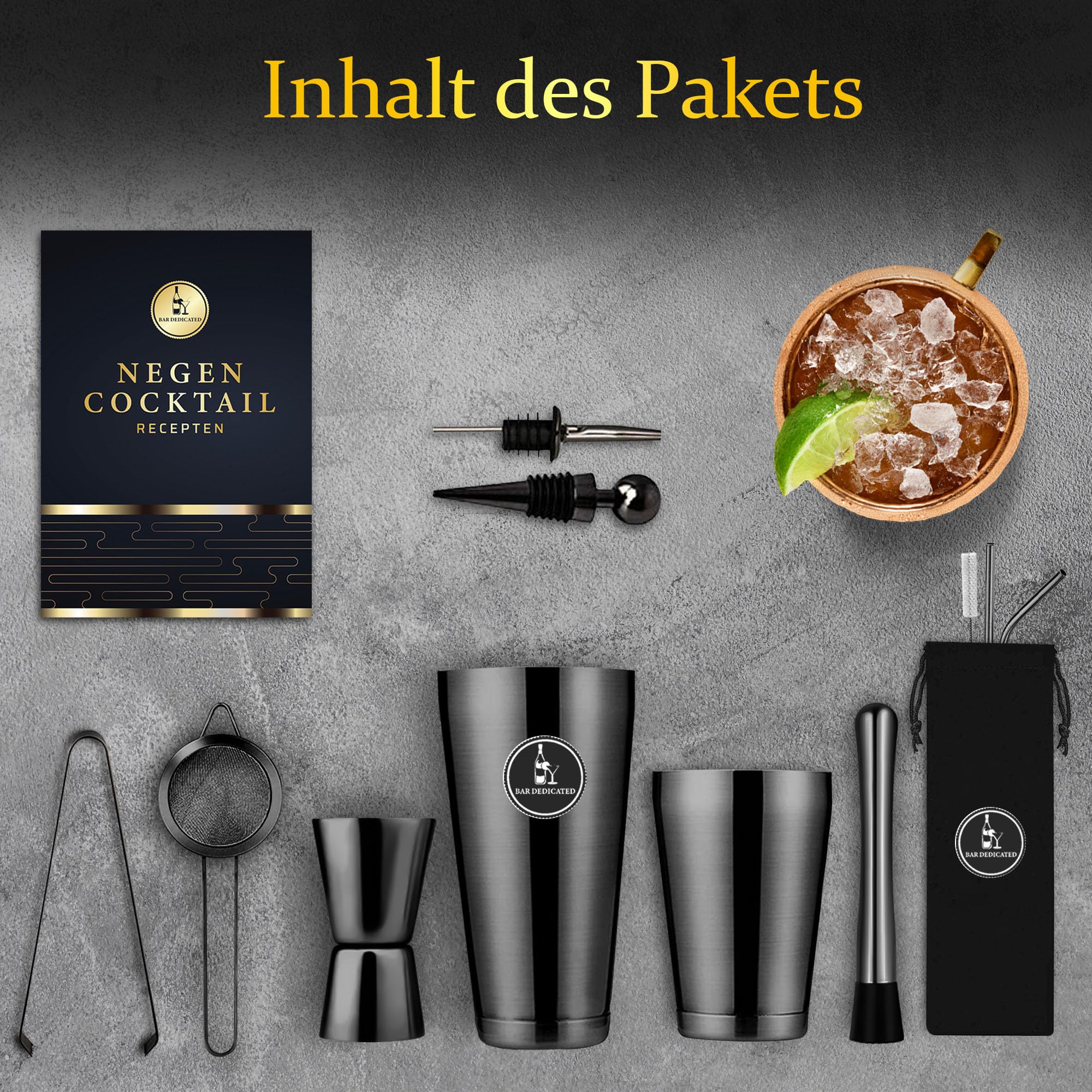 Juego de cócteles negro 13 piezas - Juego de coctelera con Jigger - Elegante juego de barras de regalo para hombres, mujeres, Boston Shaker incl. Libro de recetas y envoltura de regalo