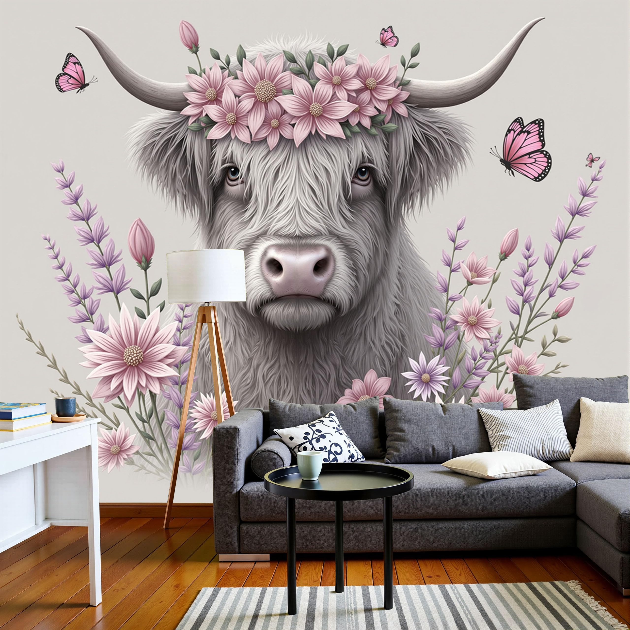 Papier peint vaches des Highlands 3D pour agrandir un grand mur beige