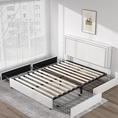 Miniatura 7 de VECELO Base de cama tapizada tamaño Queen con 4 cajones de almacenamiento, cabecera de remaches de terciopelo ajustable, soporte de listones de