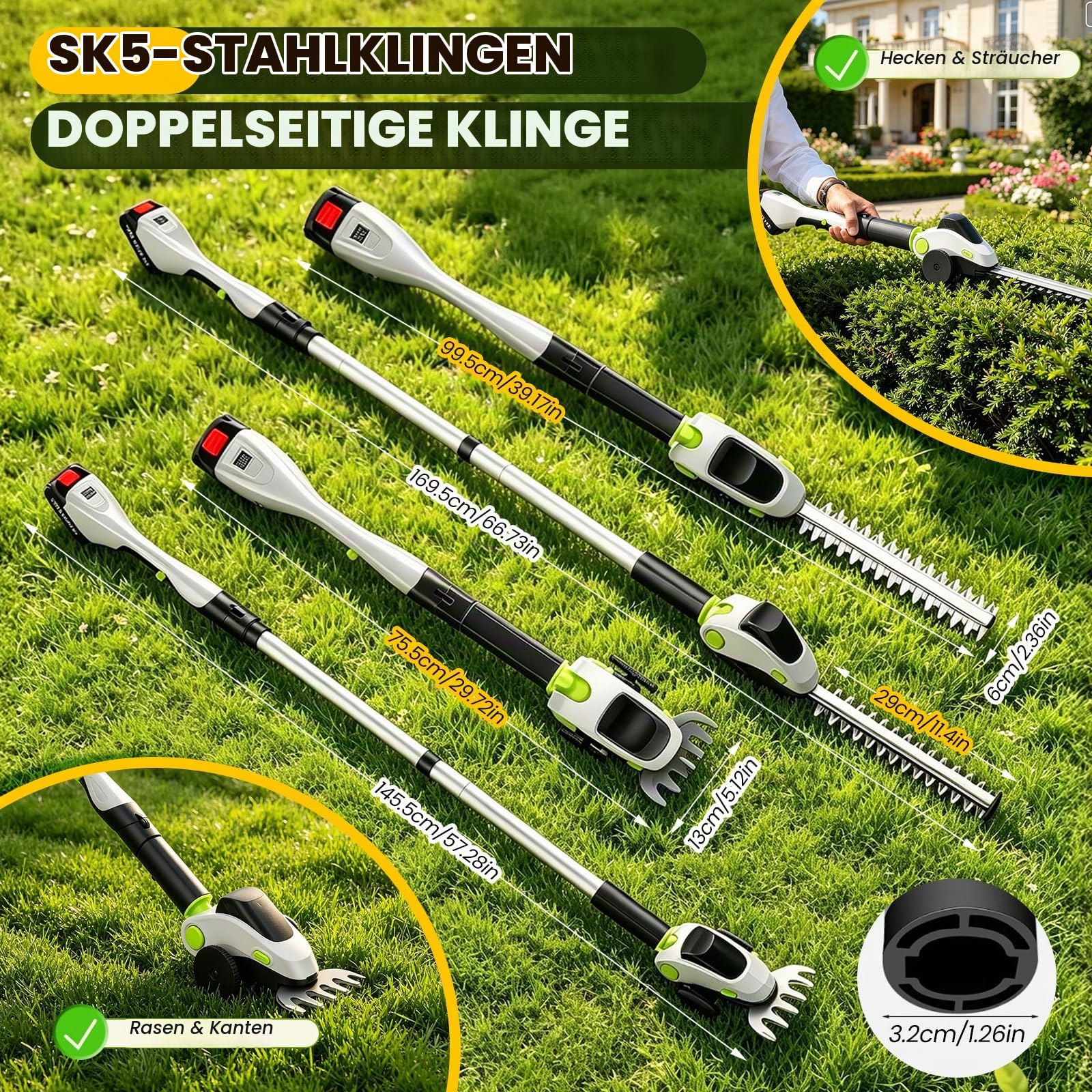4-in-1 Akku Teleskop Heckenschere & Hochentaster mit 2 Akku, Stabheckenschere mit Verlängerungsstange bis 1.4 m, 11-Fach winkelverstellbarer Schneidkopf mit 2 Klingen, Heckenschneider + Grasschneider