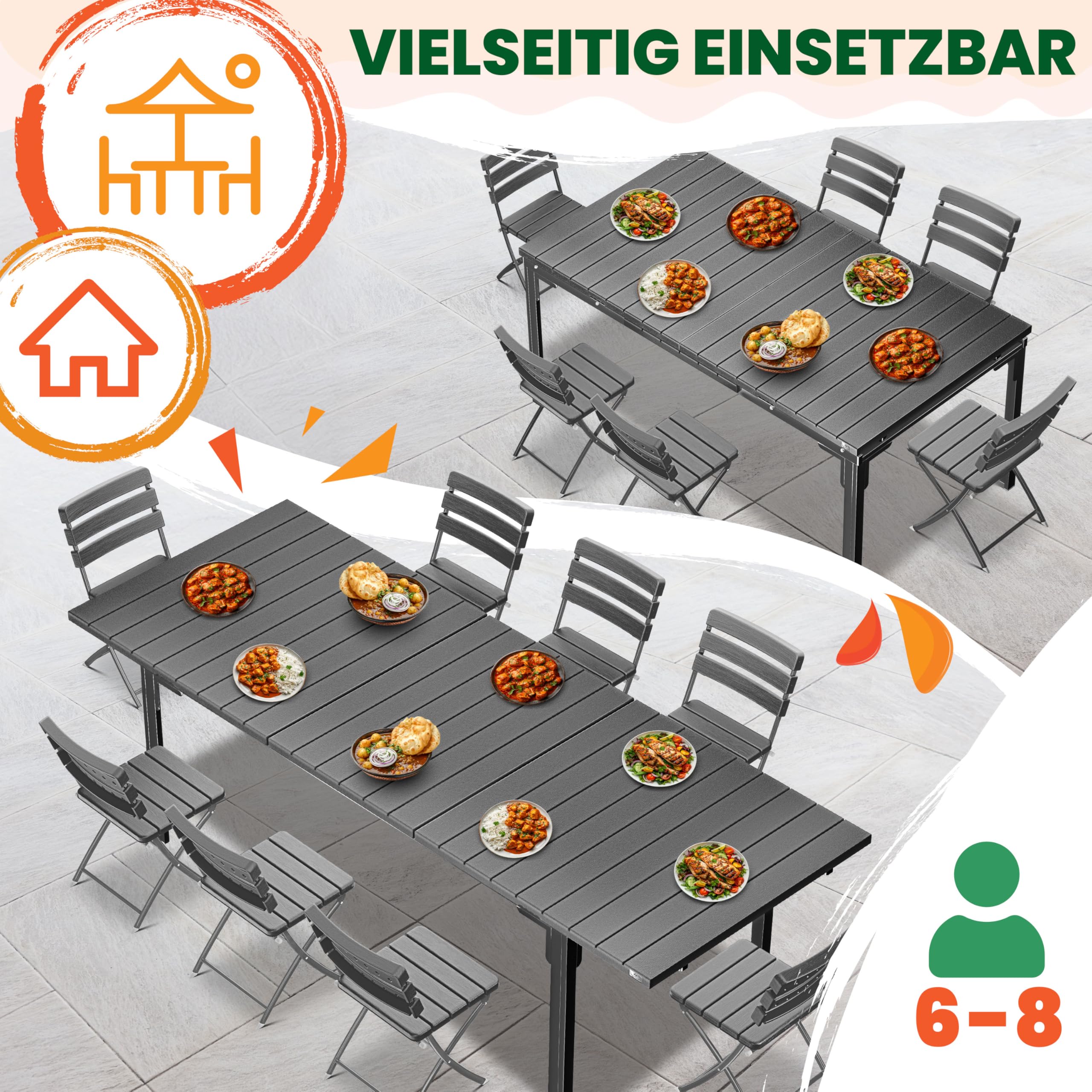 KESSER® Gartentisch ausziehbar Esstisch 180/240x90cm erweiterbar bis 8 Personen Ausziehtisch mit pulverbeschichtetem Stahl-Gestell & HDPE Tischplatte Wetterfest & UV-Beständig inkl. 6 Filz-Untersetzer