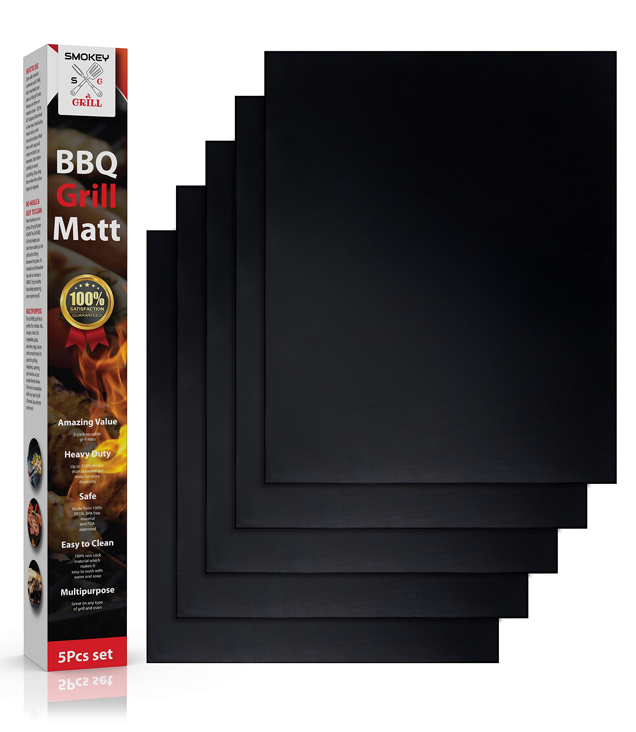 SMOKEY GRILLBBQ Mat Set of 5 - Premium Heavy Duty, Non Stick BBQ Grill Mats, Reusable, and Easy to Clean, Works on Electric, Charcoal, and Gas Grills - 15.5 x 13.5 Inch, Black