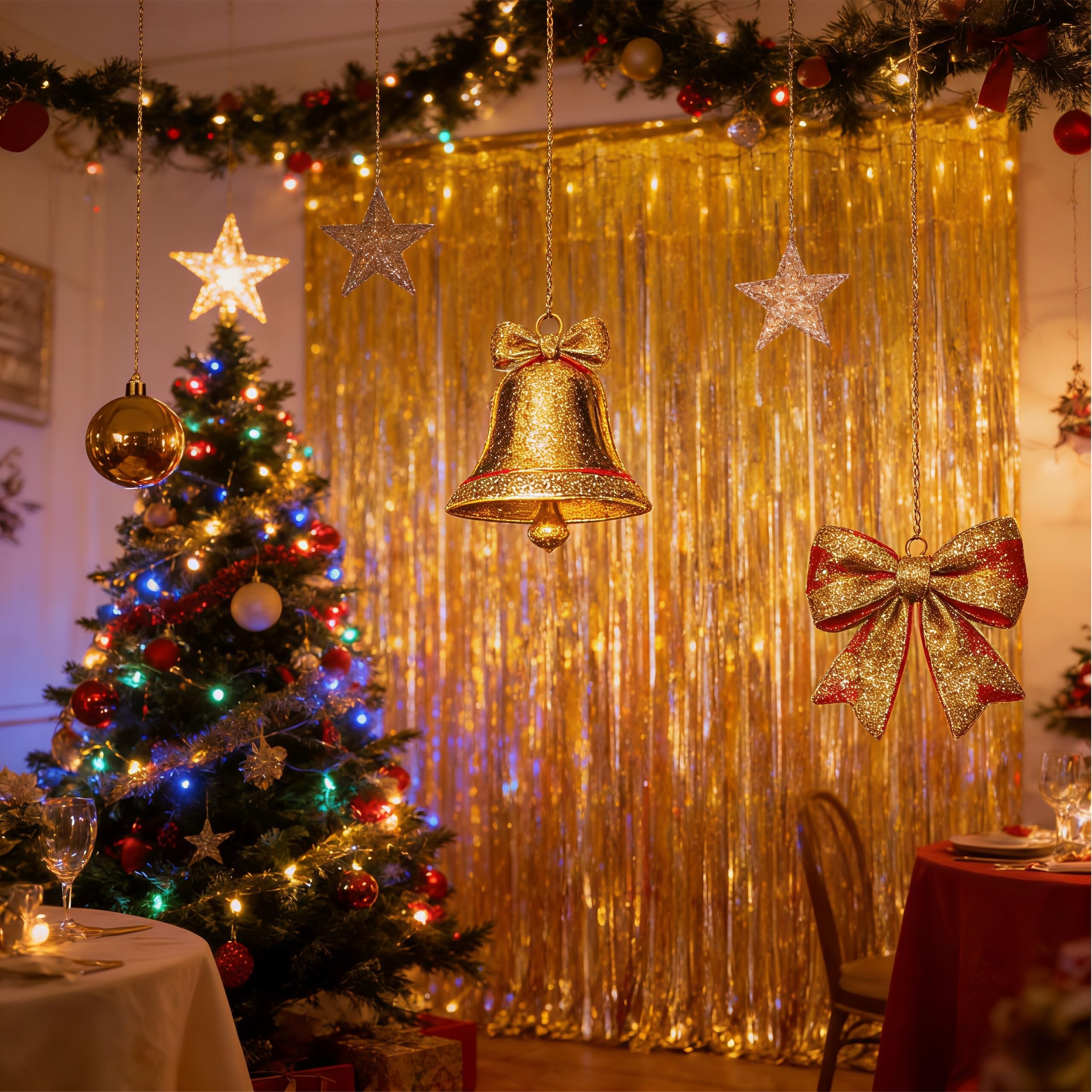Lot de 2 Rideaux Lametta Or Holographique, 1 x 2,5 m Rideau Métallique à Franges, Rideau Brillant Décoration Fête, Fond Photo Anniversaire Mariage Noël Nouvel an Party