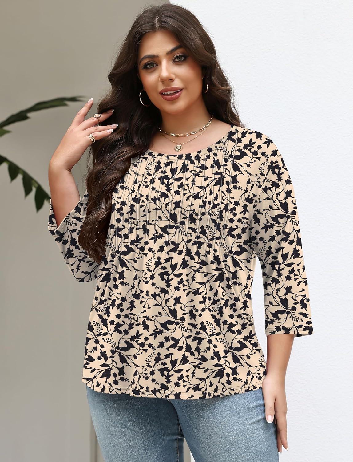 TFSDOD Womens Plus Size Tops 3/4 Length Sleeve Womens Tops Crewneck Pleated Boho Tunic Casual Shirts XL-5X - Image 4