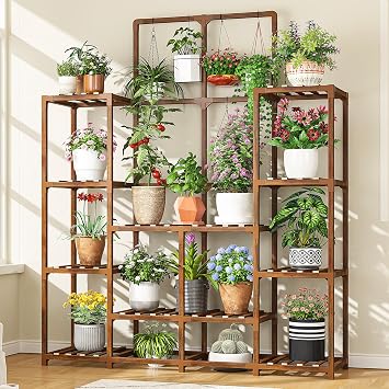 EnHomee Plant Stand Indoor Wood Plant Stand Outdoor Tiered Plant Shelf for Multiple 16-21 Potted Plants for Living Room Patio Balcony Yard Garden 44.9" W x 11.8" D x 62.2" H
