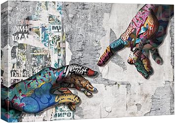SIGNWIN Framed Canvas Wall Art Colorful Collage Hands of God by Michelanglo Graffiti & Street Art Famous People Pop Art Modern Urban Multicolor for Living Room, Bedroom, Office - 24x36 inches