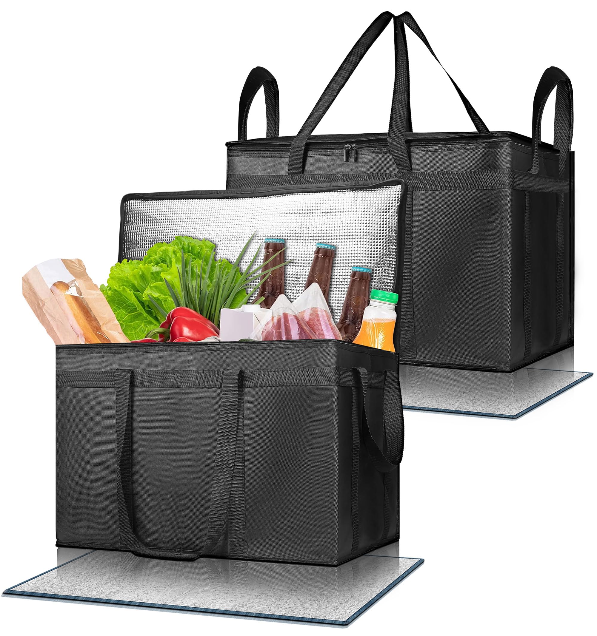 Pack of 2 Insulated Food Delivery Bag with Hard Bottom, XXXL Large Reusable Thermal Cooler Grocery Tote Bag, Commercial Pizza Delivery Box Carrier for