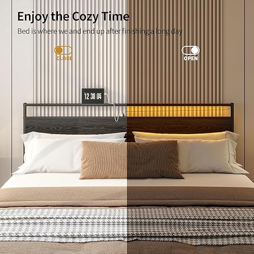 Miniatura 5 de Base de cama de tamaño King con cabecera de almacenamiento/luces LED, base de cama King con estación de carga, marco de cama negro, no necesita