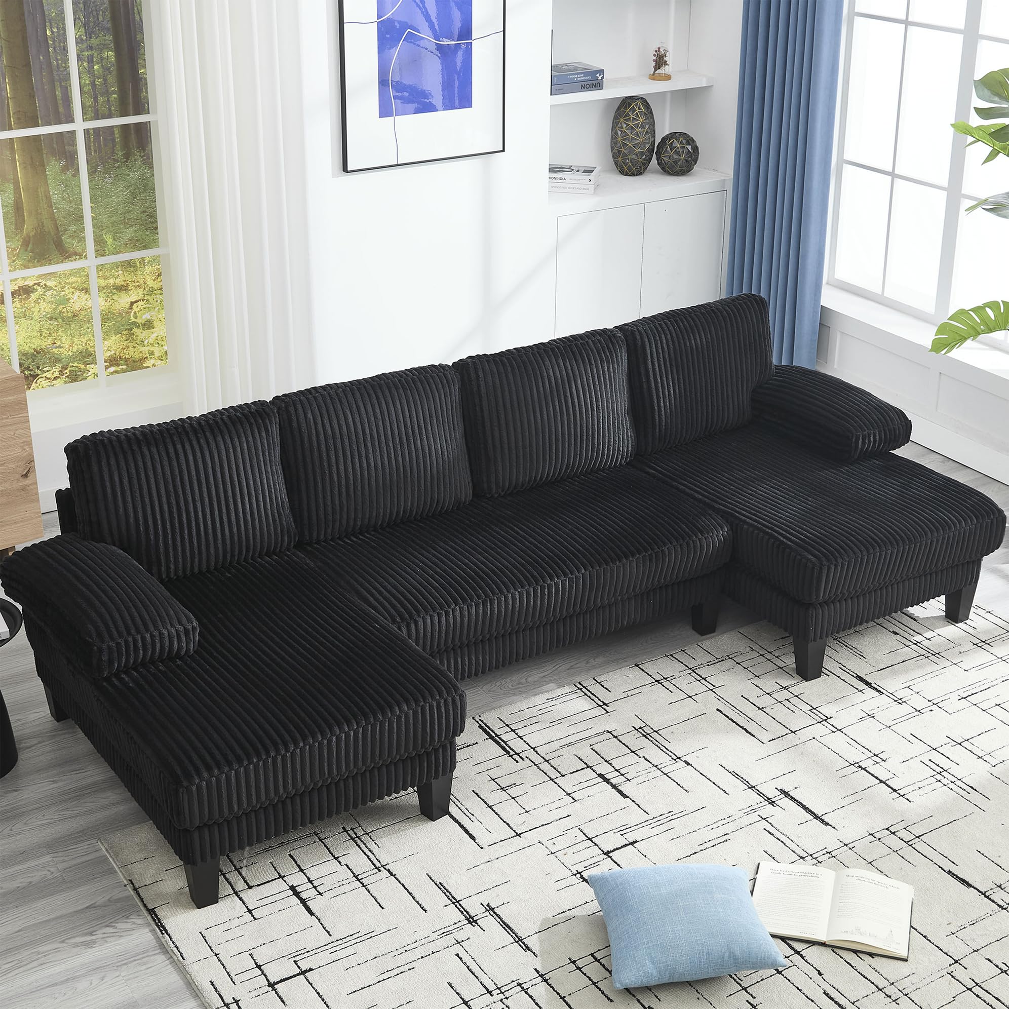 Photo 1 of [Only Cushions!] BAYYELL U Shaped Couch, 4-Seat Sectional Sofa with Double Chaise, Oversized Corduroy Cloud Couch for Living Room, Apartment, Black