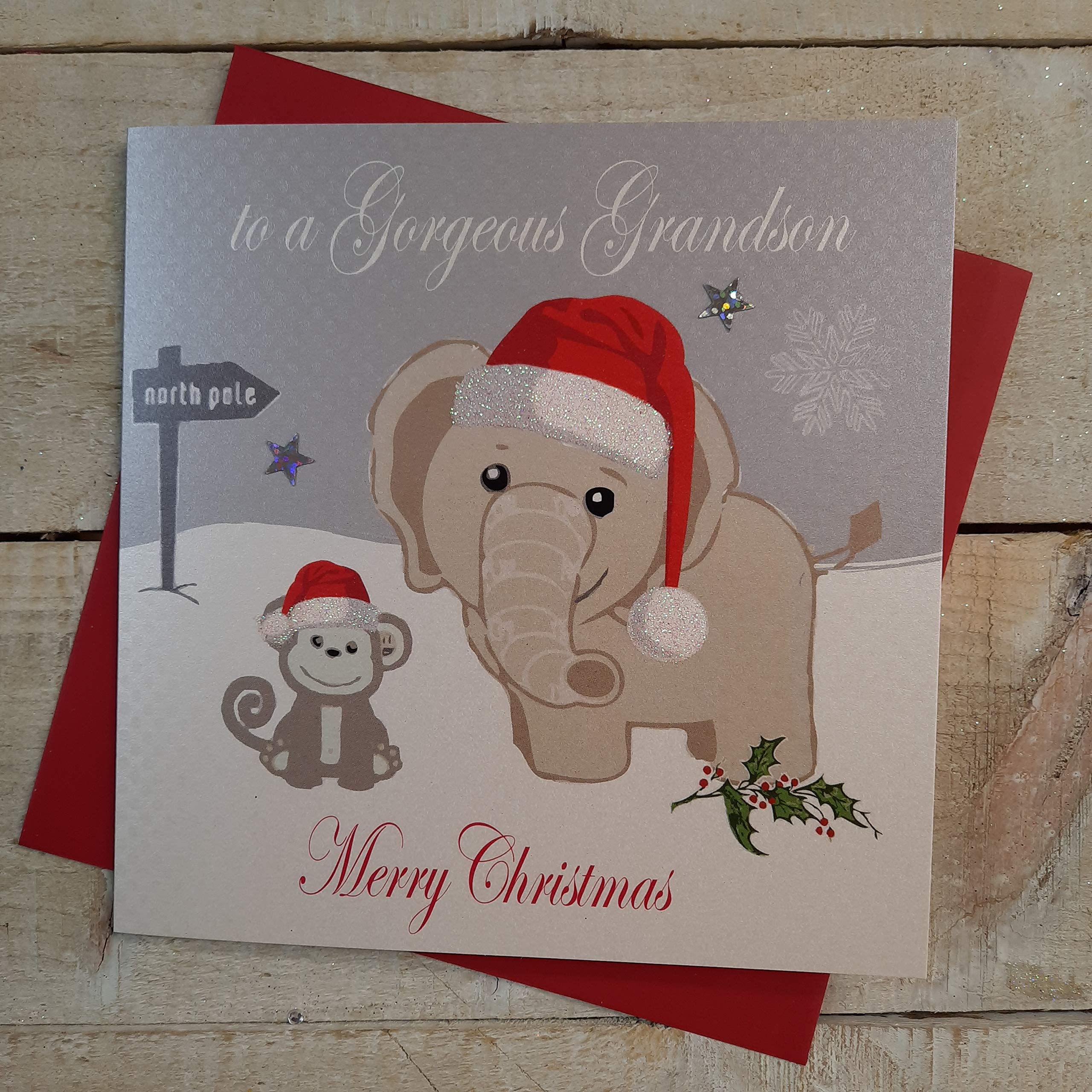 Handgefertigte Weihnachtskarte 'Elefant & Affe' - 16x16 Cm, Mit Glitzer, Blanko Innen, Inkl. Umschlag