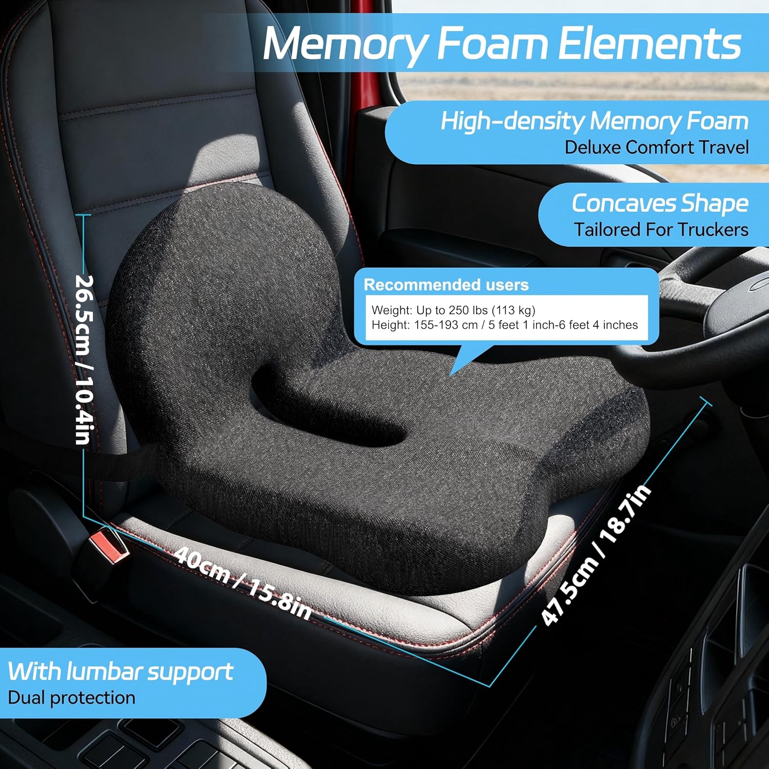 Seat Cushion for Truck Driver, Memory Foam Truck Seat Cushion with L-Shaped Ergonomic Design, Lumbar Support Pillow & Tailbone Pain Relief for Long Driving, Semi Truck Accessories - Image 2