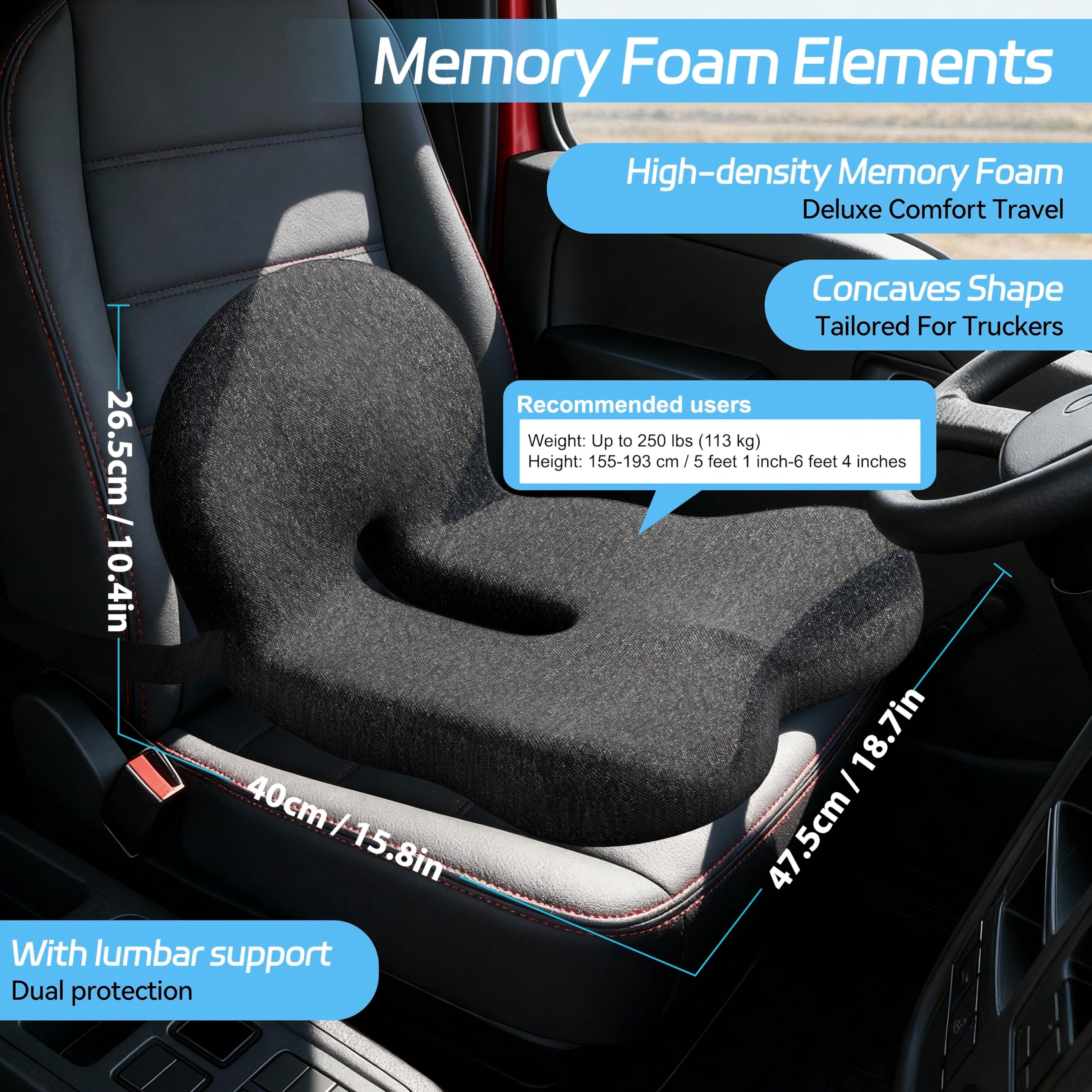 Seat Cushion for Truck Driver Memory Foam Truck Seat Cushion with L-Shaped Ergonomic Design Lumbar Support Pillow Tailbone — view 2