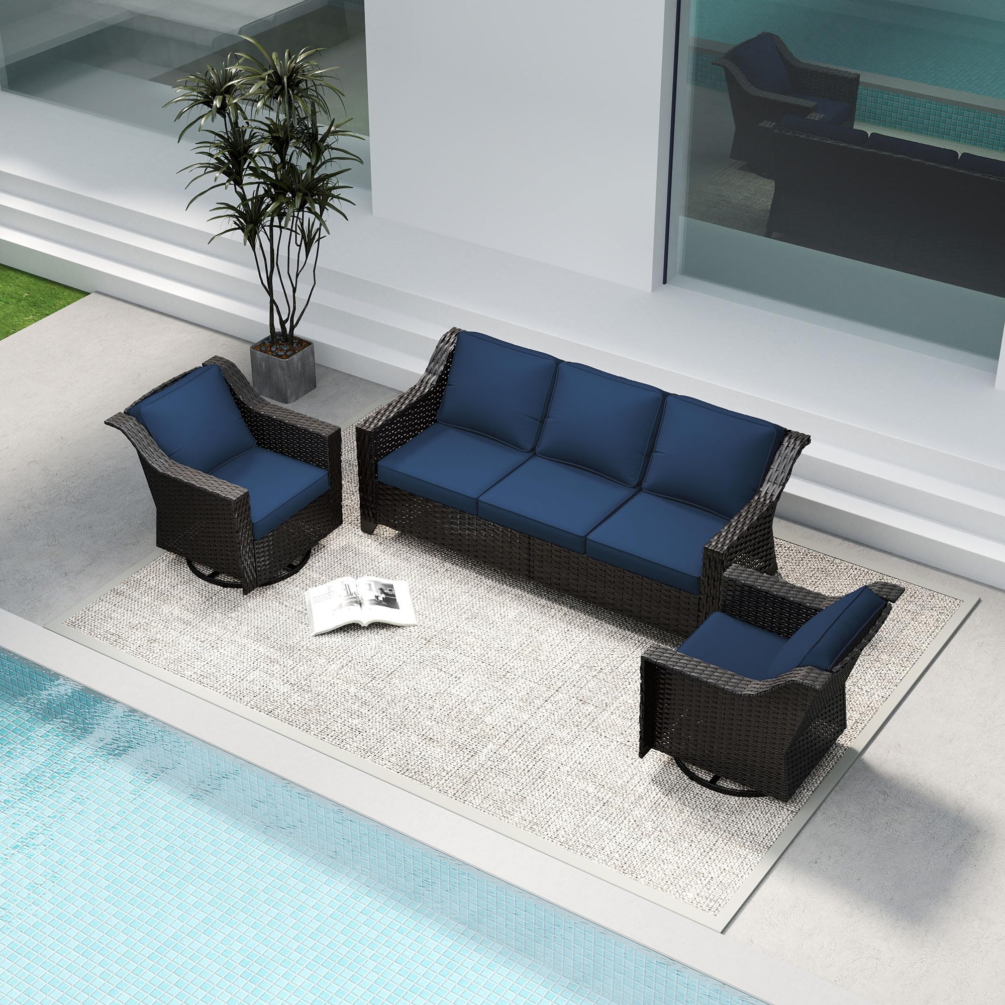 3 Pieces Patio Conversation Furniture Set - 1 Sofa, 2 Swivel Chairs, Outdoor Wicker Furniture with Removable Cushions for Porch, Balcony, Sunroom (Blue)