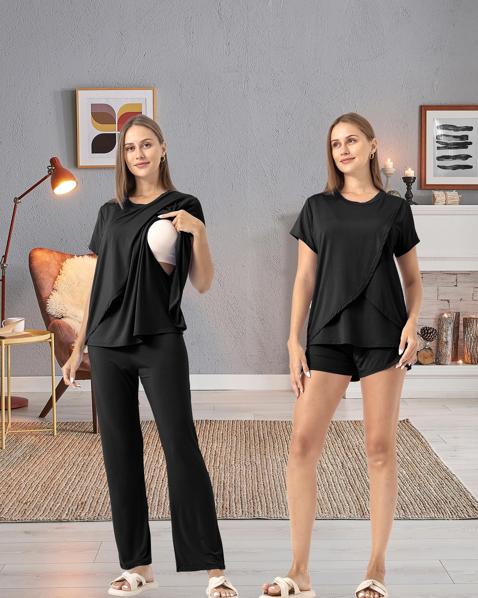 SUNNYBUY Set di 3 pigiama da allattamento dopo la nascita, casual, morbido, pigiama premaman, biancheria da notte, loungewear, strato di abbigliamento
