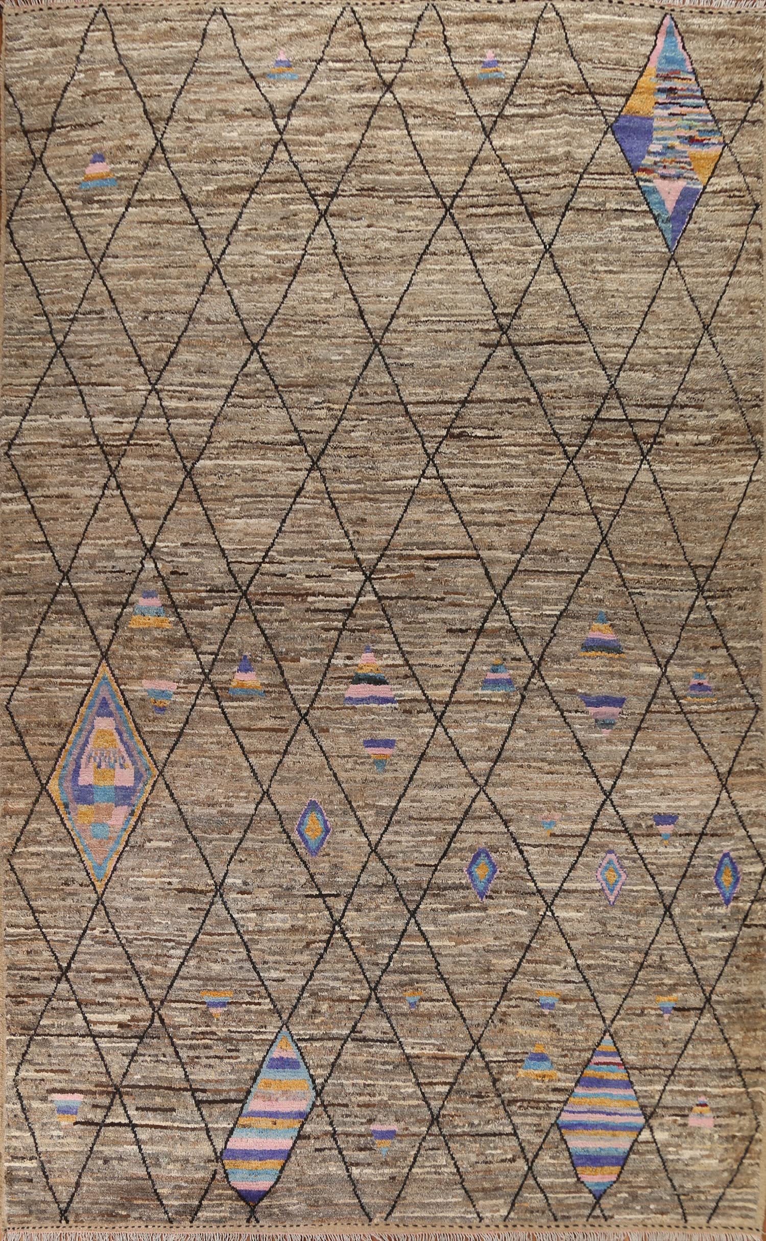 Large Trellis Brown Moroccan Area Rug 10x14 Hand-Knotted Wool Carpet (9' 10" x 13' 7")