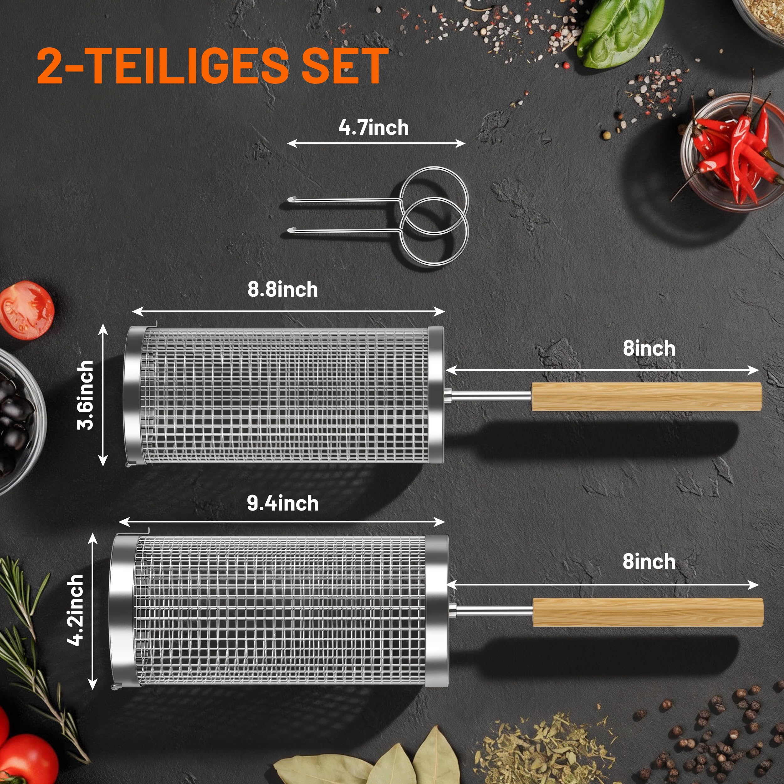 KEYO GRILL Rollender Grillkorb - 2 Stück Grillzubehör mit Abnehmbarem Holzgriff & 2 Korböffnern, Nestbares Grillnetz aus Edelstahl 304 für Gemüse, Geschenke für Männer