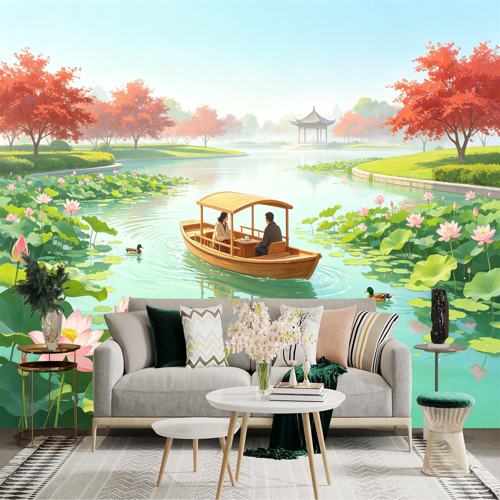 Custom Size Wall Sticker Mural， Asian Style Pond with Lotus Flowers， Wooden Boat and Ducks， Autumn Landscape， for wall Decoration， peelandstick wall Decals.