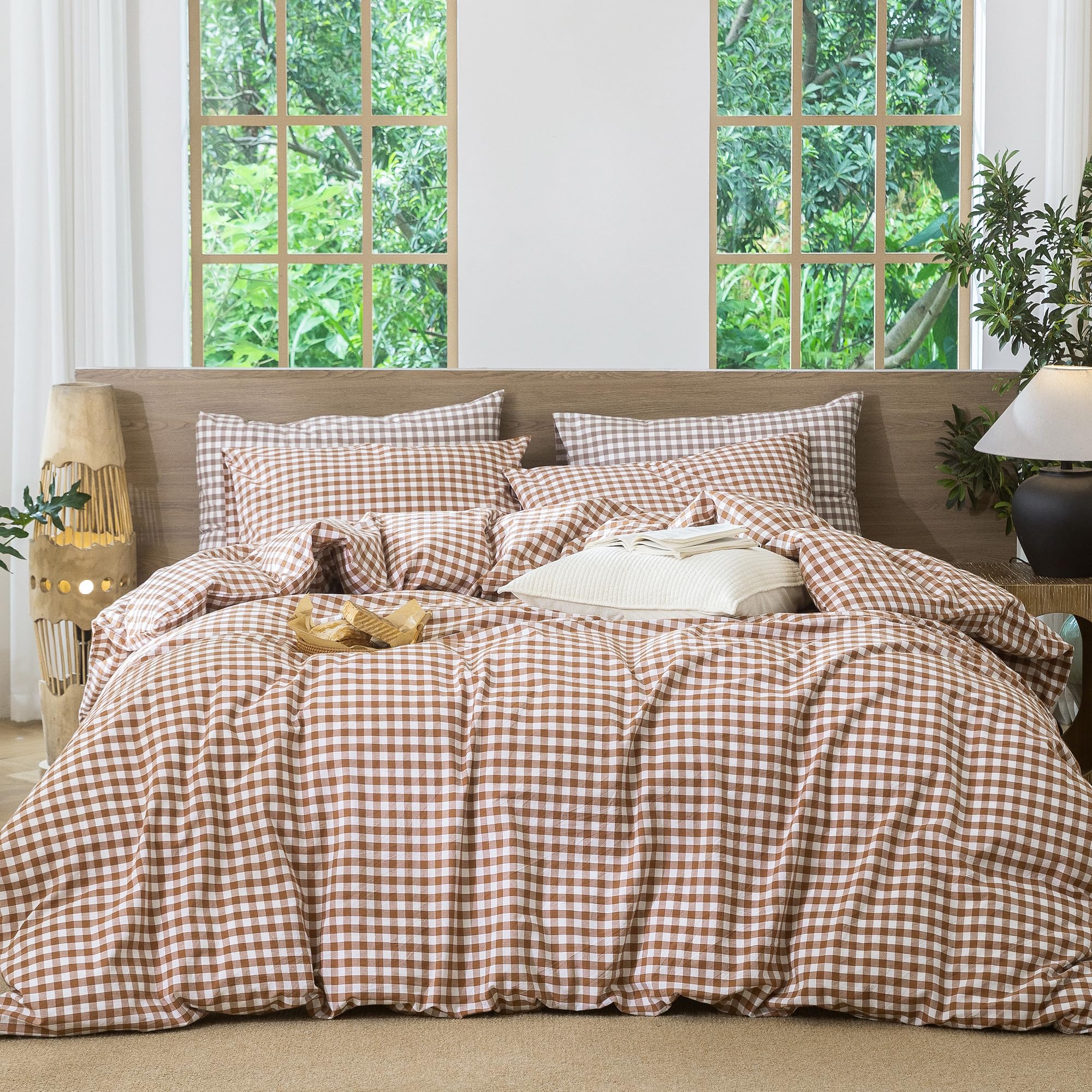 MooMee Gingham Duvet Cover Set 100% Washed Cotton Linen Like Full