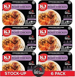 KJ Poultry Kosher for Passover Gluten Free Meals, Roast Chicken with Potato & Carrots, Halal, (6 Pack) Prepared Entree Fully Cooked, Shelf Stable Microwave Dinner, Travel Military Camping