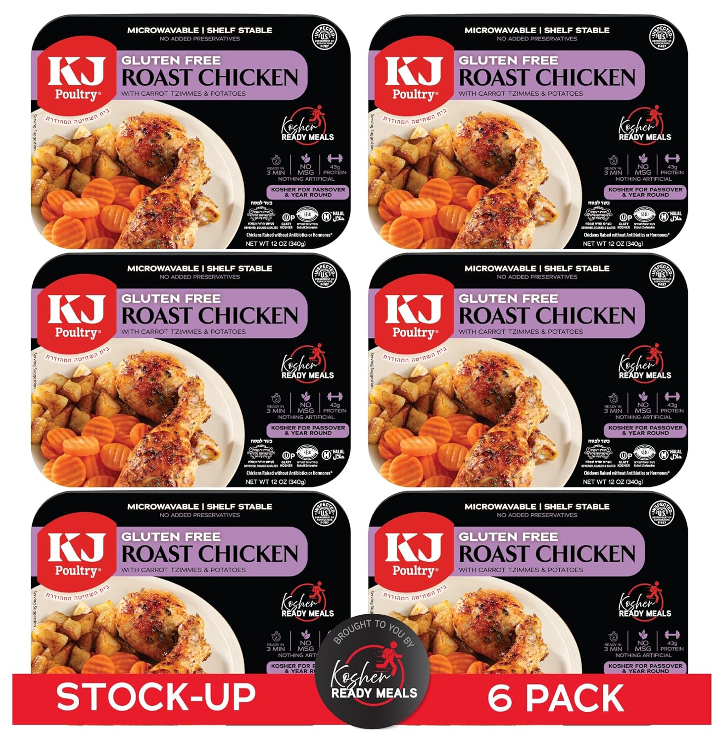 KJ Poultry Kosher for Passover Gluten Free Meals, Roast Chicken with Potato & Carrots, Halal, (6 Pack) Prepared Entree Fully Cooked, Shelf Stable Microwave Dinner, Travel Military Camping
