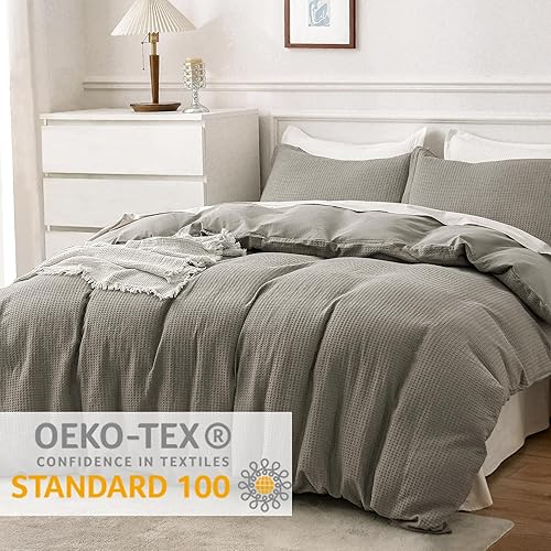 Miniatura 2 de Funda de edredón de algodón tamaño individual, 100% algodón, tejido de gofre, color gris, tamaño individual, suave y transpirable, juego de funda de