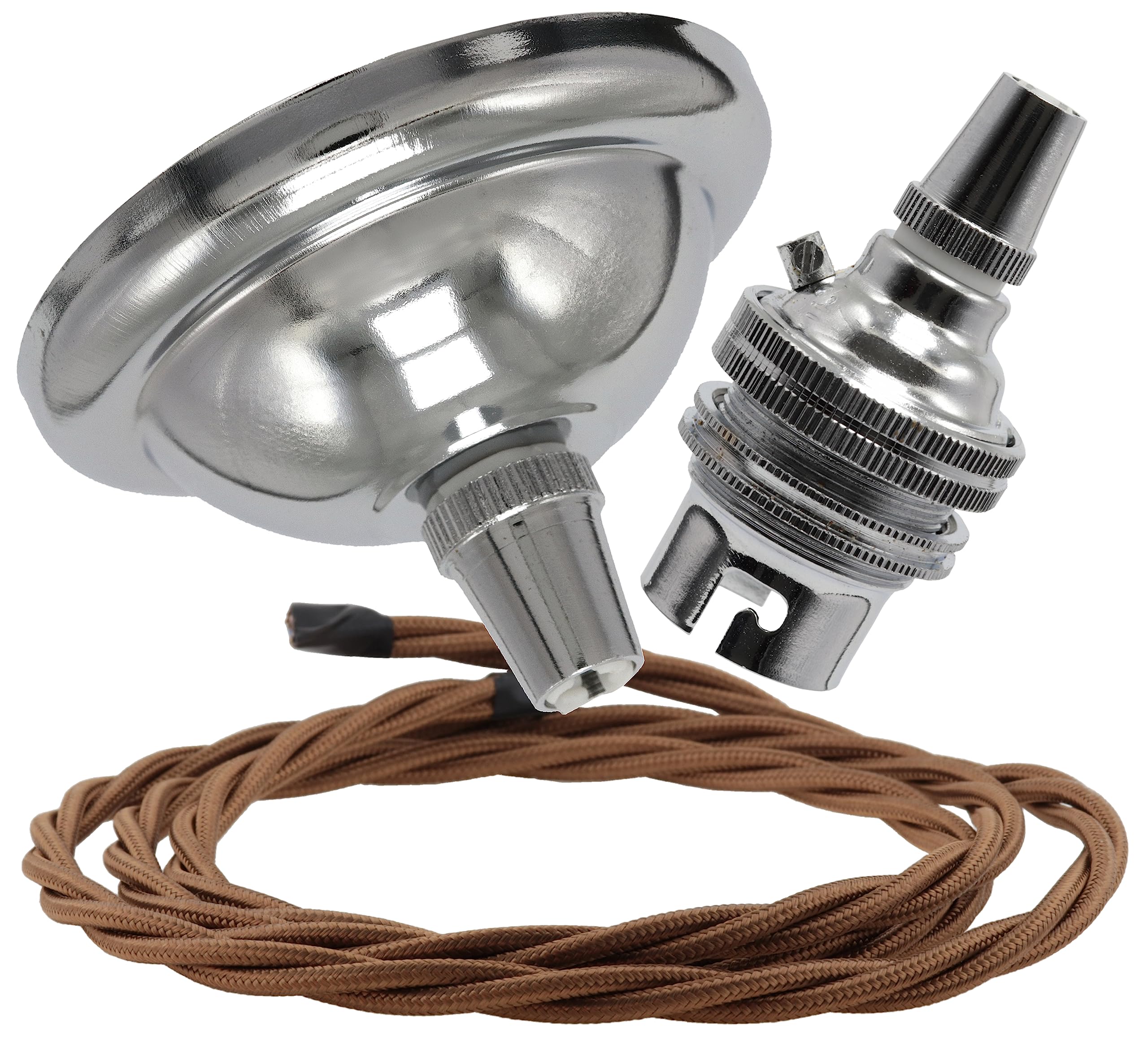 Repaireum Ltd. Vintage Styled Small (67mm) Ceiling Pendant Kit incl. Polished Chrome Effect Rose, B22 Lampholder and 3 Core Bronze Braided Twisted Flex