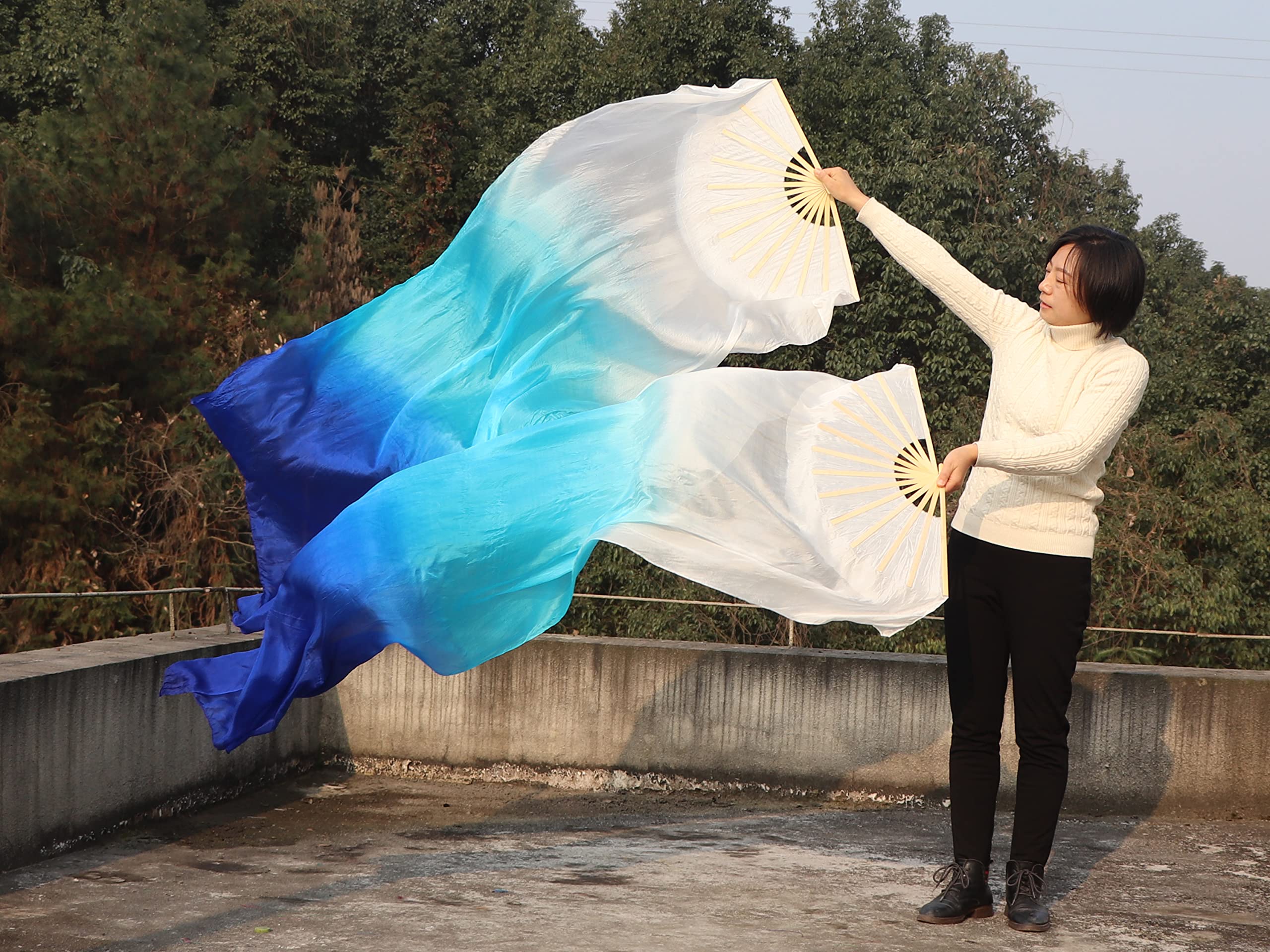 Winged Sirenny Abanicos Velos Seda Natural 180 cm Danza del Vientre Pintados a Mano Mango Bambú Ajustable 2 Unidades