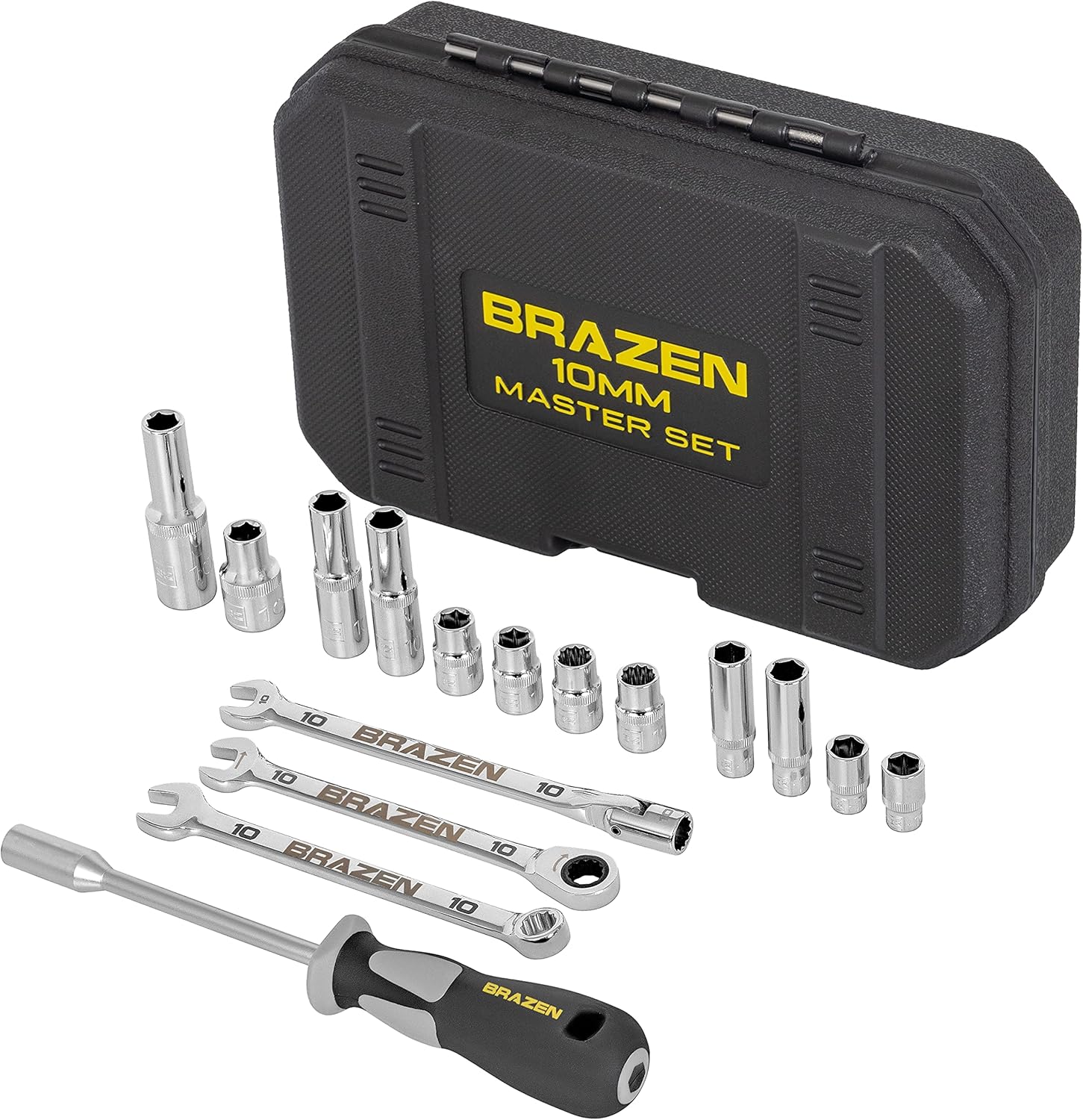BRAZEN 10mm Master Set - 12 Sockets, Three Wrenches, One Nut Driver - All 10mm!