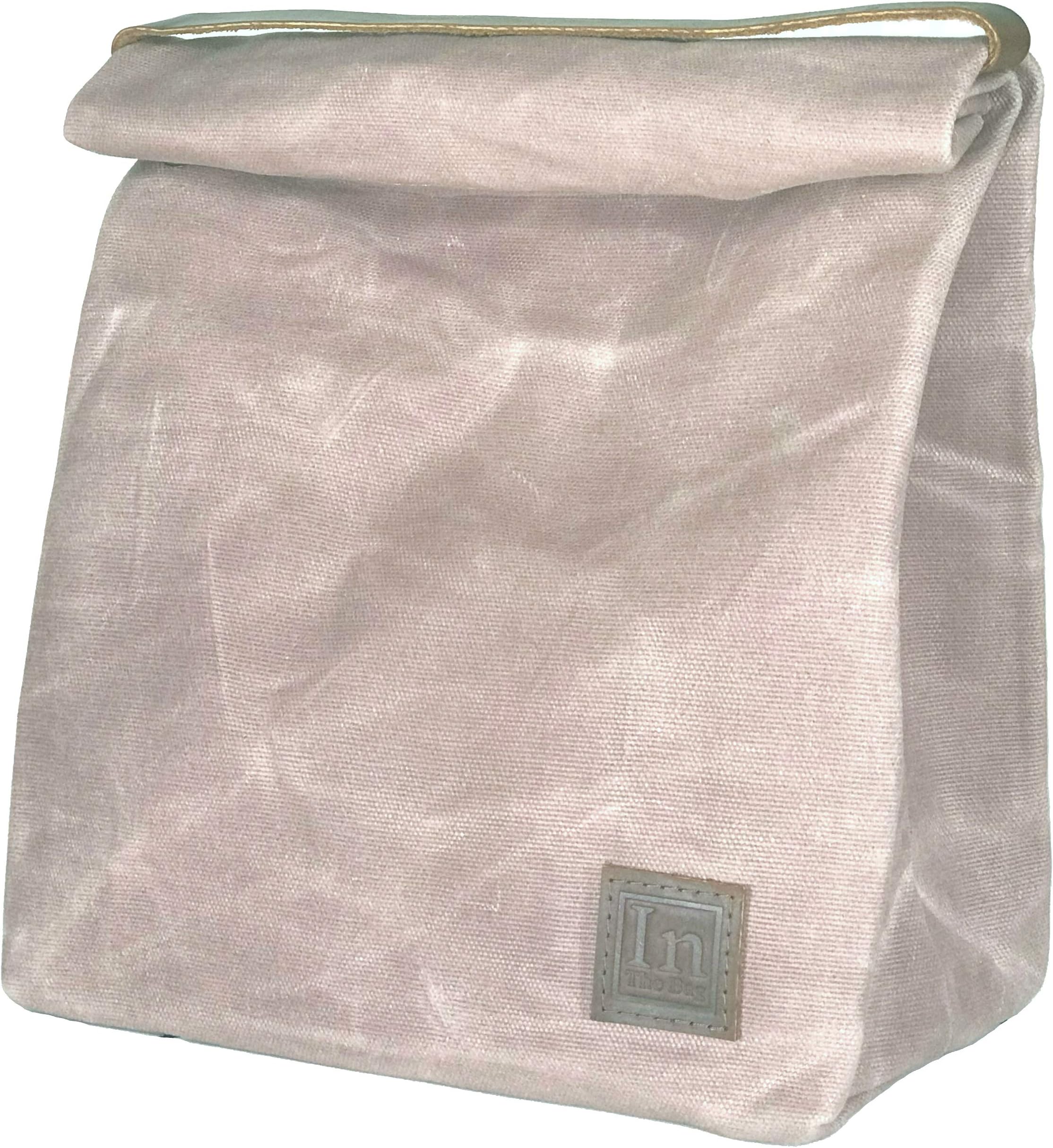 Lunch Bag (Lunch Box) Large Lined Waxed Canvas Roll Top Tote Bag; Leather Handle and Brass Snap Closure - Cinnamon Tan/Pink - by In The Bag