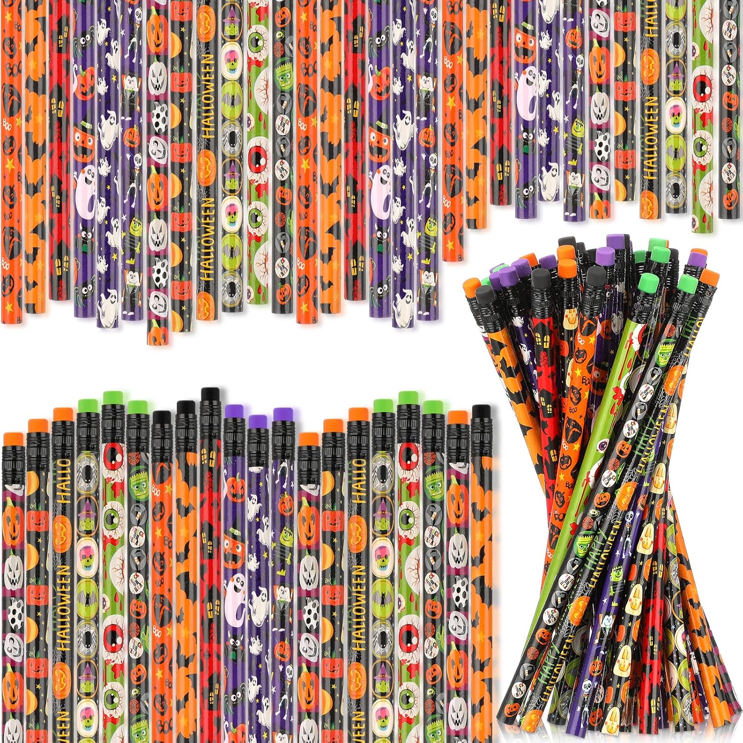 100 Pack Wooden Halloween Pencil Assortment with Eraser