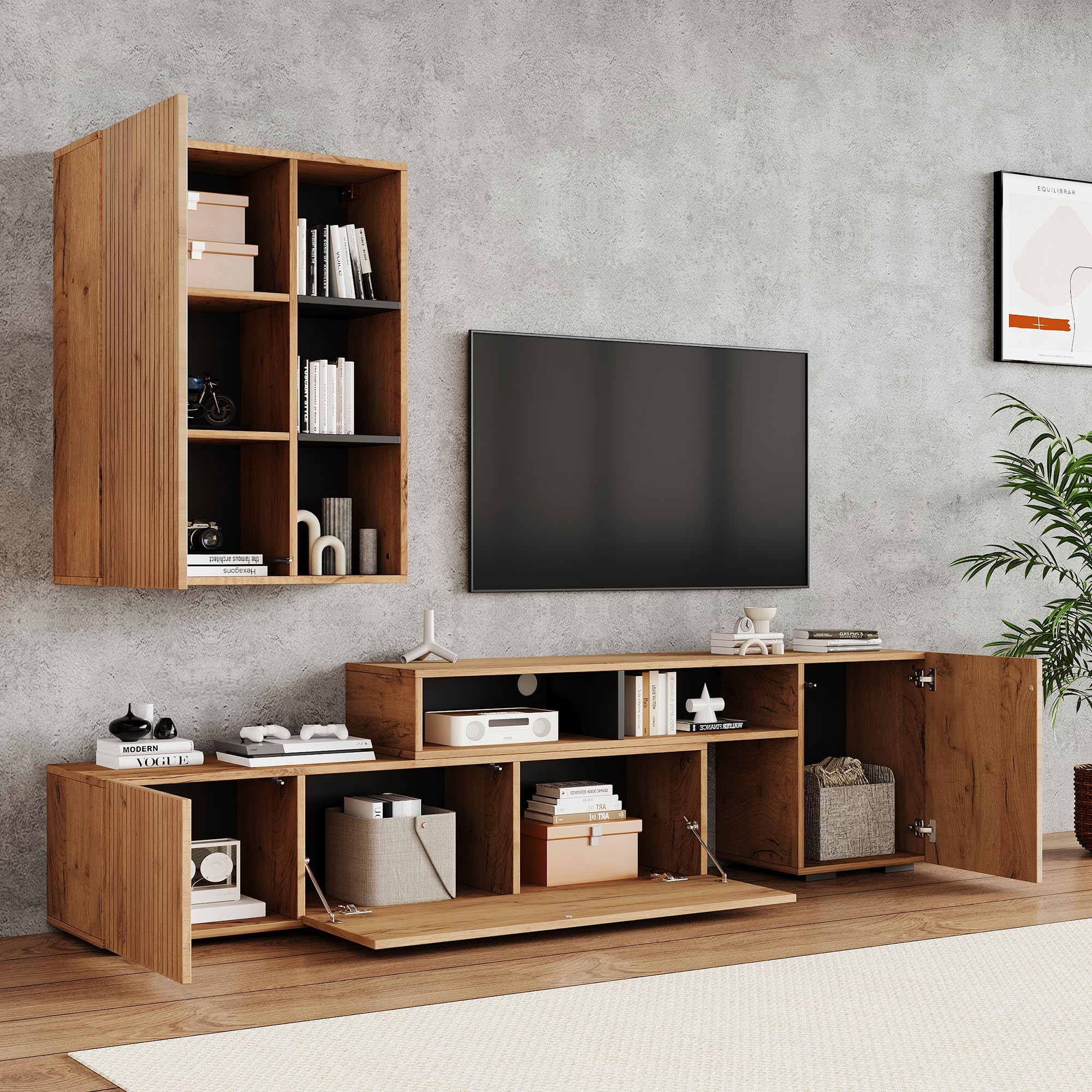 Mueble para salón, mueble de TV, juego de muebles de salón (juego completo, 2 unidades), mueble de TV con vitrina, estantería de pie, longitud flexible, hasta 265 cm, TV de hasta 120