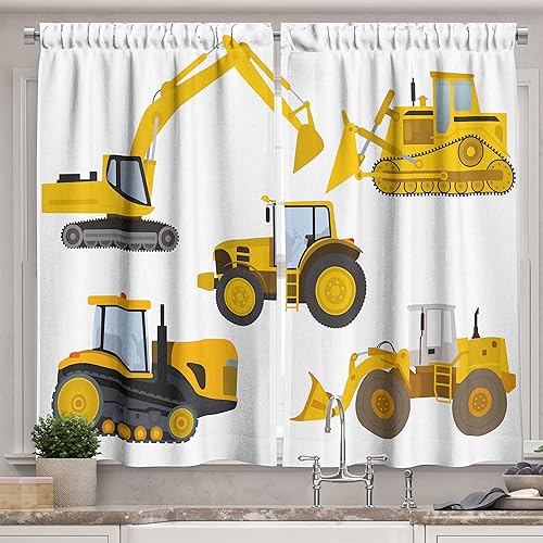 Miniatura 28 de Lunarable Cortinas de cocina para cuarto de bebé, estilo de dibujos animados, maquinaria pesada, camión, grúa, mezclador, construcción de tractor,