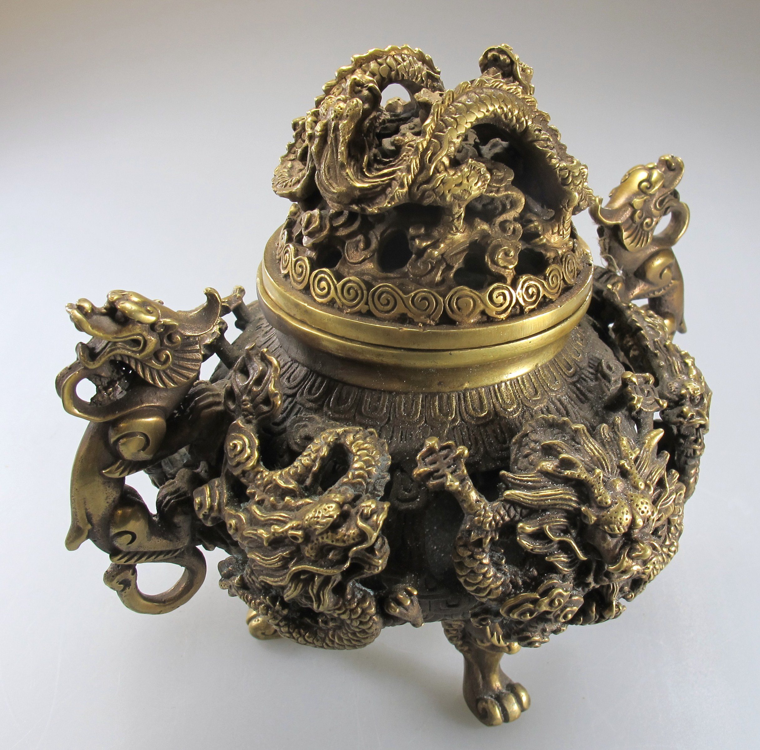中国 銅薫製香炉 九竜香炉 製品 銅製龍香炉 九転乾坤銅色【小】 取っ手付き【送料無料】（沖縄