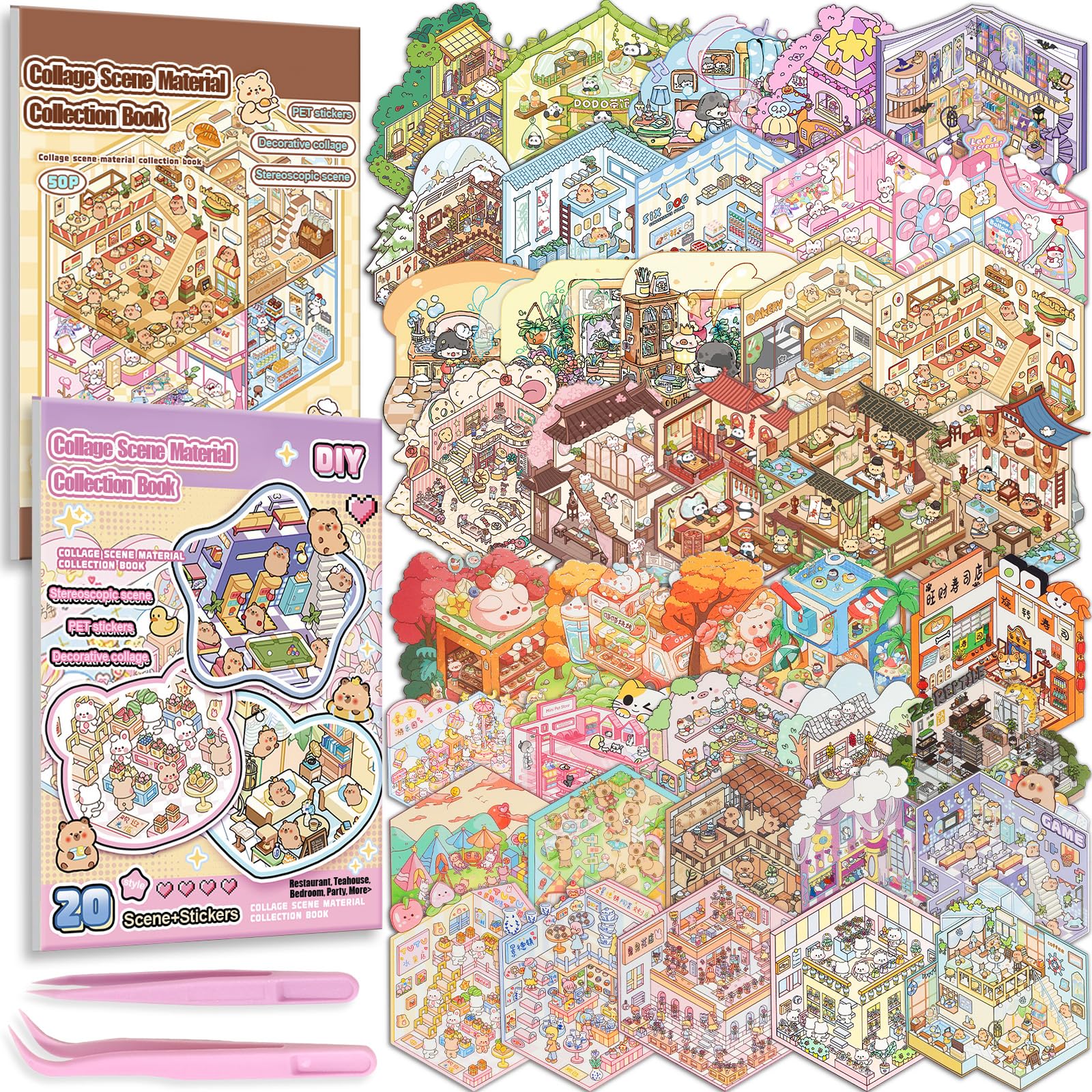 3D DIY House Sticker Scene Kit, 40 Sets Miniature Therapy Scenes, Creative Reusable Stickers with Tweezers, Ages 3+