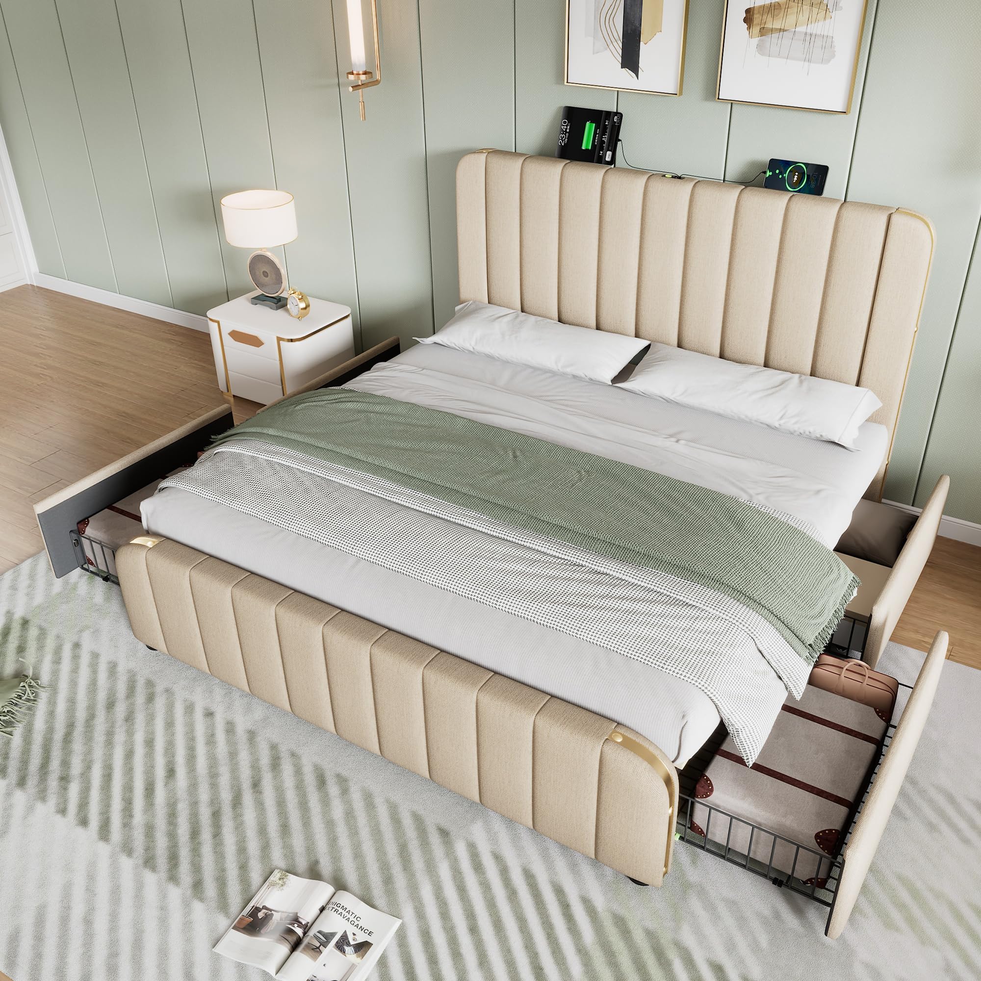 Cama tapizada de 180 x 200 cm, cama de matrimonio con 4 cajones y puerto USB Tipo-C de tela de lino, cabecero tapizado con acabados dorados, para adultos y niños, sin colchón, beige
