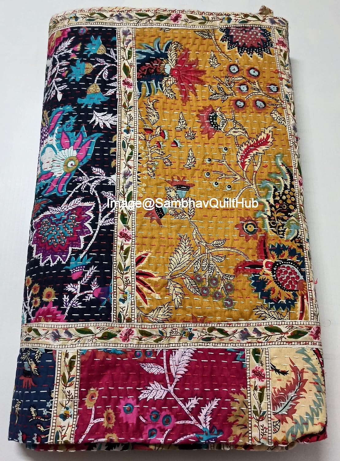 Indian Mukut Print Less Cotton Handmade Patchwork Quilted Blanket Indian Cotto Spread Kantha Kantha Print Work Bohemian Bed Decor Block Throw Blanket Twin/King/Queen (90X108 inch) - Image 5